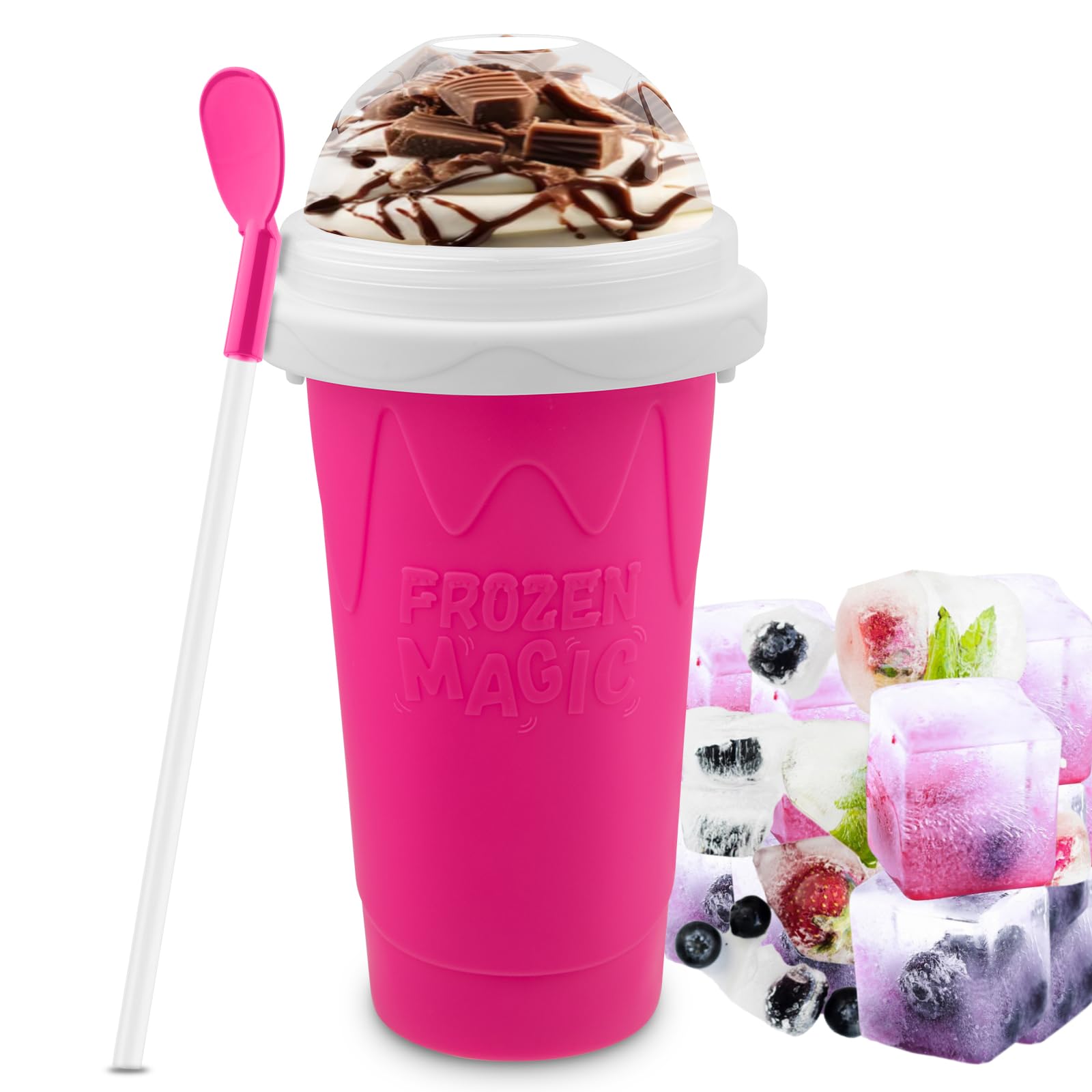 Magic Slushy Maker Cup - DIY Portable Smoothie Squeeze Cup for Juices, Milk & Ice Cream | Double Layer Silicone Slushie Cup with Straw | Perfect for Summer Drinks, Kids Snacks & Family Gifts (Pink)