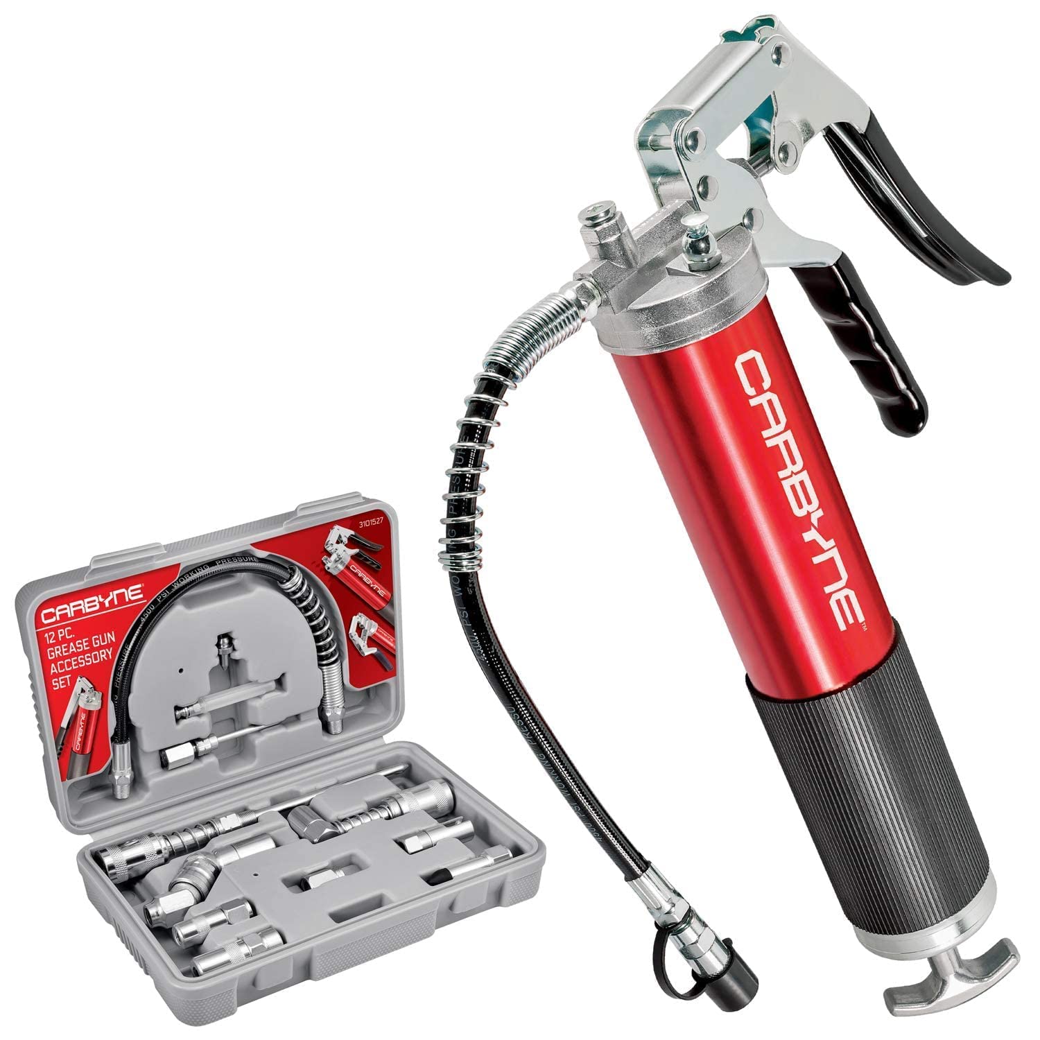 Carbyne Pistol Grip Grease Gun with 12-Piece Accessory Kit | Heavy Duty Lubrication Tool for Automotive, Industrial & Farm Equipment Maintenance