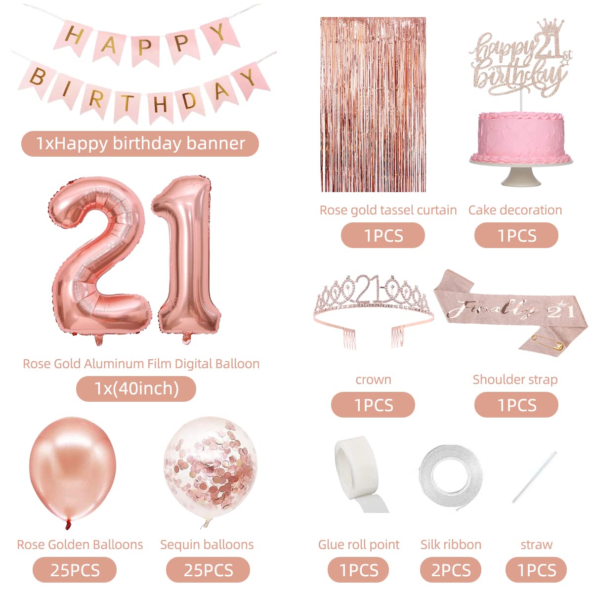21st Birthday Party Decorations for Women - Rose Gold Banner, Crown, Sash, Cake Topper & Balloons Set | Perfect for 21st Birthday Celebrations, Milestone Parties & Girls' Night Decor