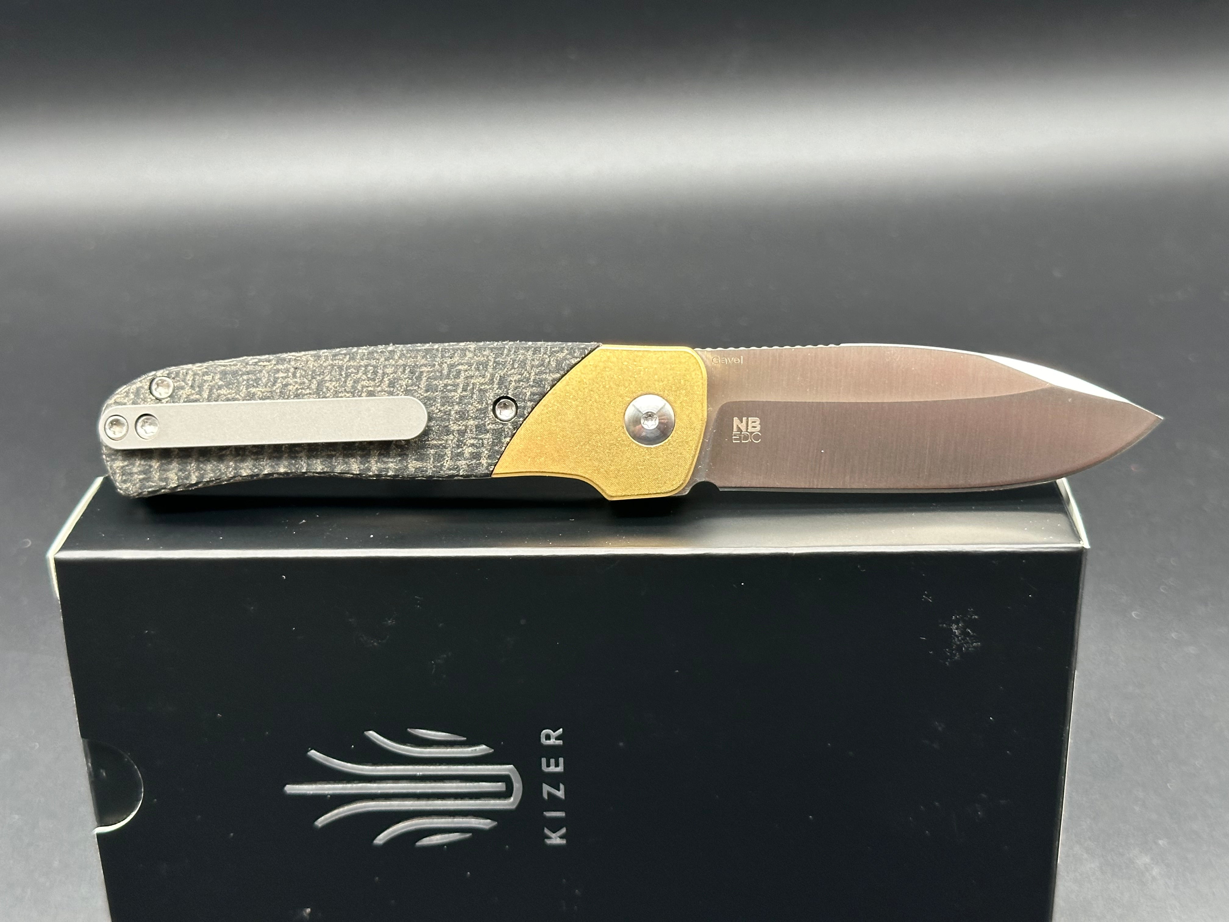 KIZER GAVEL Pocket Knife - 154CM Stainless Steel Blade, Brass/Micarta Handle, Liner Lock Design V3661C1 - EDC Folding Knife for Outdoor, Camping & Everyday Carry