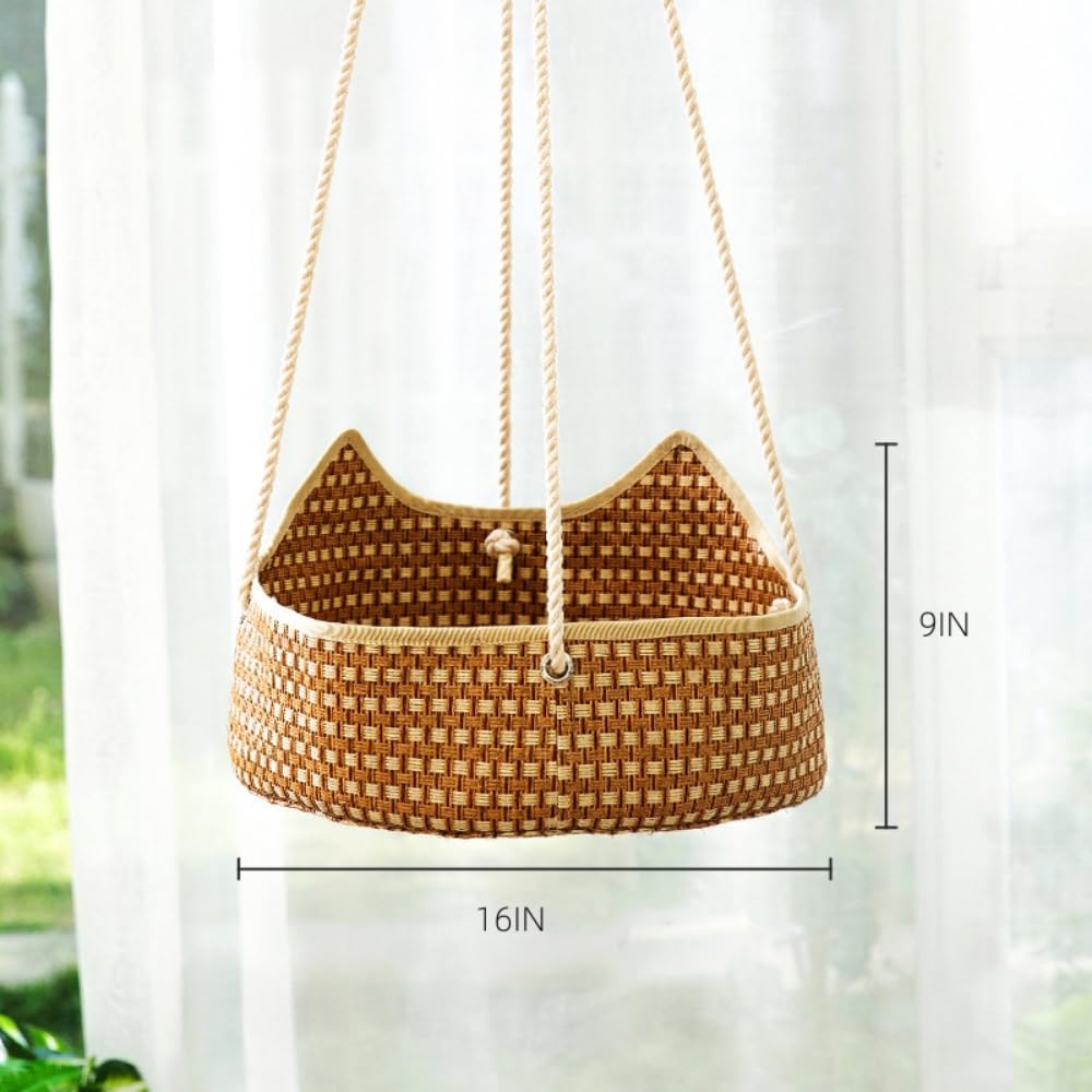 Premium Cat Hammock - Summer Cool & Comfortable Wicker Cat Cage, Hanging Cat Nest for Balcony, Sunbathing Cat Bed - Pet Supplies (Brown Cat Ear Design, Medium Size) | Perfect for Indoor/Outdoor Use, Lounging & Relaxation