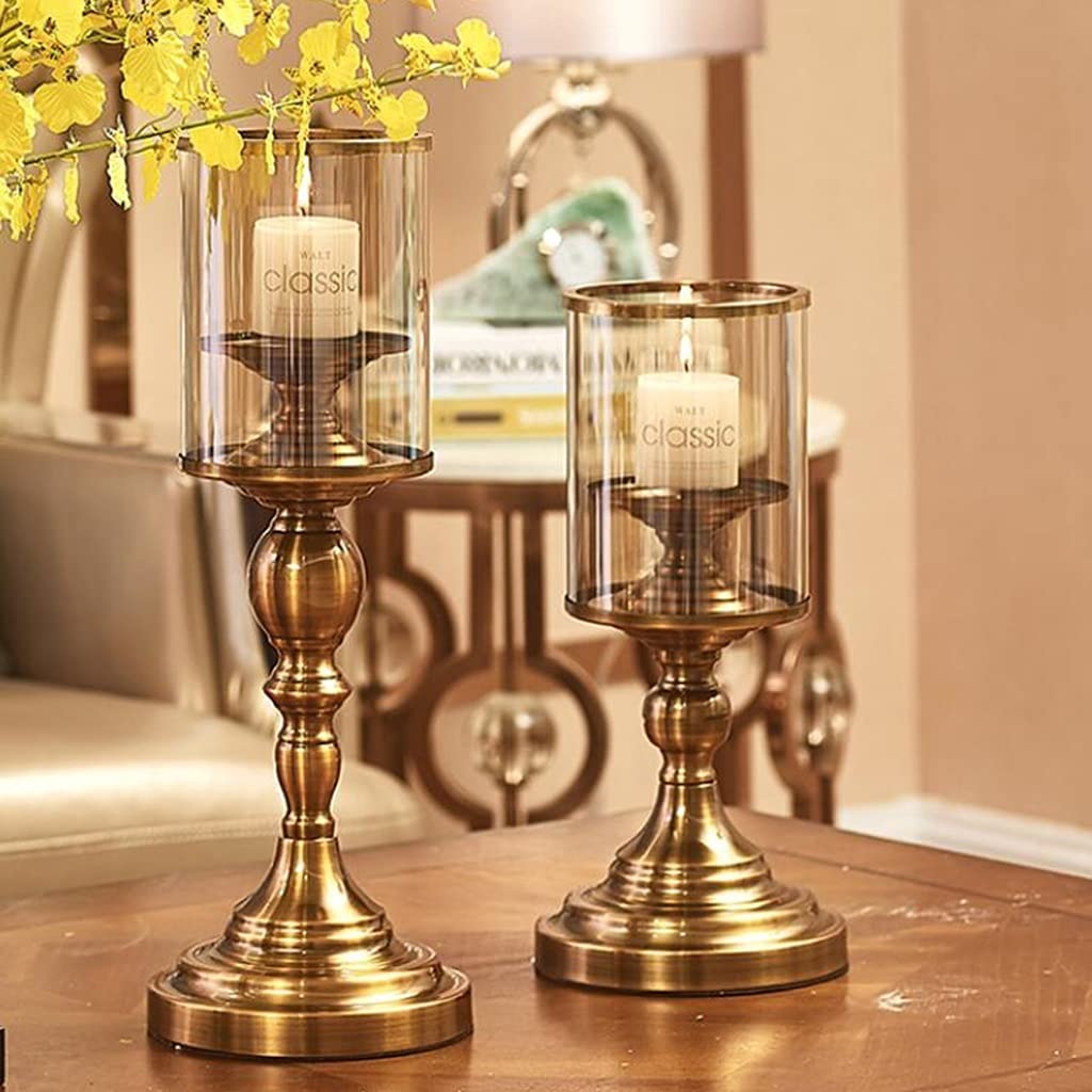2-Piece Gold Metal & Glass Candle Holder Set - Elegant Candelabra for Cylindrical Candles or Flameless LED Candles - Perfect for Halloween, Christmas, Wedding Decor & Party Gifts - Romantic Home & Table Centerpiece Decorations