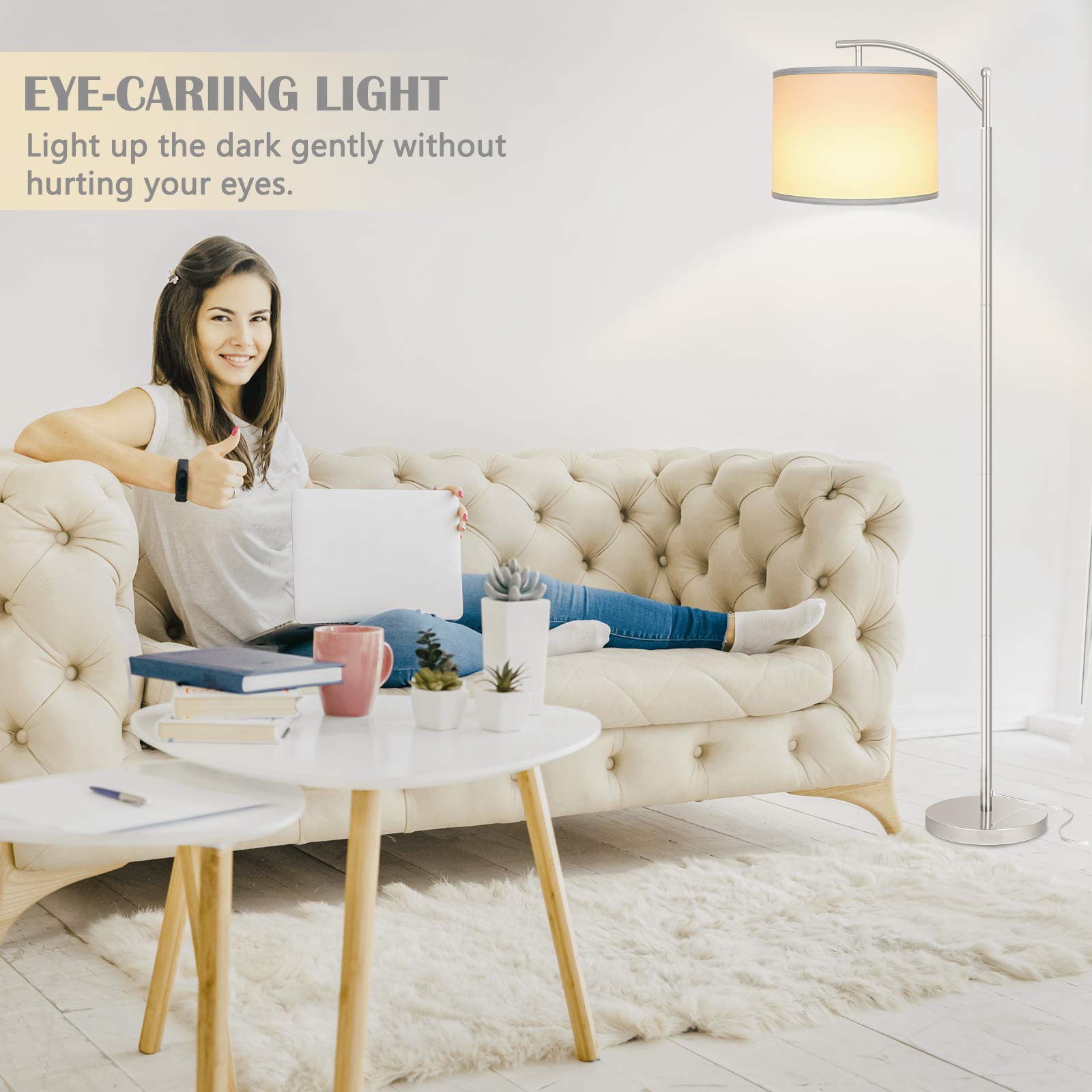 ROTTOGOON Modern LED Floor Lamp with White Shade, 9W Bulb Included - Silver Standing Light for Living Room & Bedroom - Perfect for Reading, Relaxing, and Ambient Lighting
