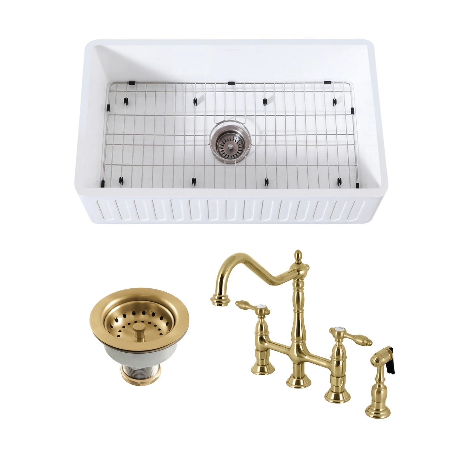 Arcticstone 30 Inch White Stone Single Bowl Farmhouse Kitchen Sink with Deck Mount Bridge Faucet - Brushed Brass Finish with Side Sprayer & Basket Strainer | Perfect for Rustic & Modern Kitchens, Remodeling Projects