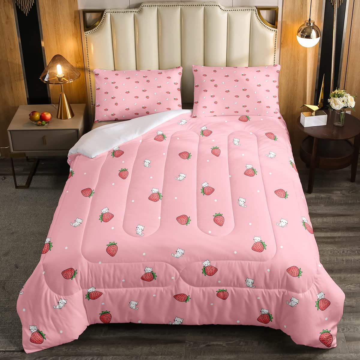 Strawberry Cat Bedding Set for Girls - Pink Kawaii Microfiber Comforter with Cute Strawberries & Kittens | Full Size Duvet Cover Set for Kids, Baby Girls & Women | Perfect for Bedroom Decor & Cozy Sleep