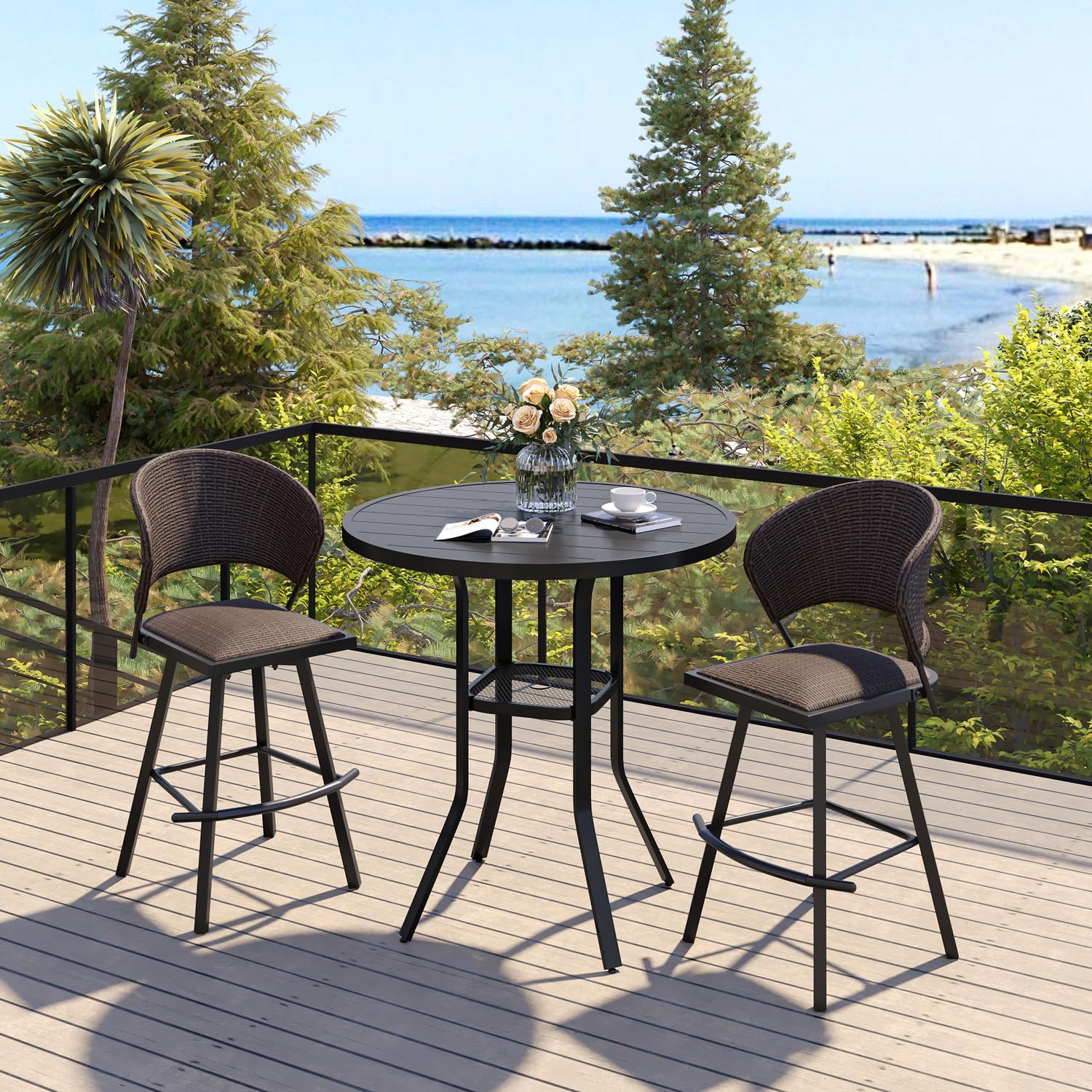 VICLLAX 35.5 Inch Round Outdoor Bar Table - Adjustable Height Patio Table with Umbrella Hole for Balcony, Deck, Garden - Weather-Resistant Black Metal Bistro Table for Outdoor Dining & Entertaining