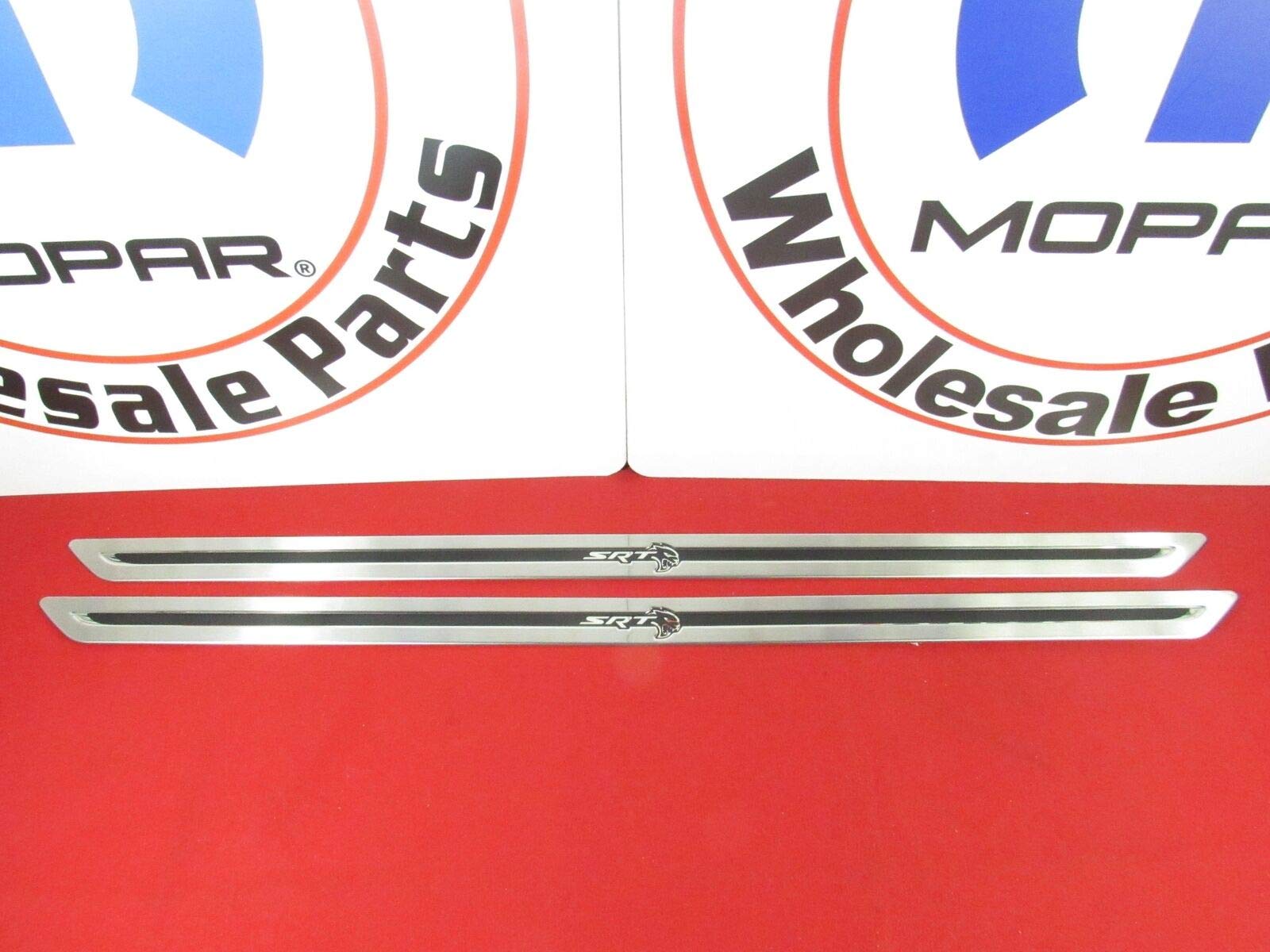 Mopar 82215309 Brushed Aluminum Door Sill Guards with Hellcat Logo - Premium Car Interior Protection for Dodge Challenger & Charger Models