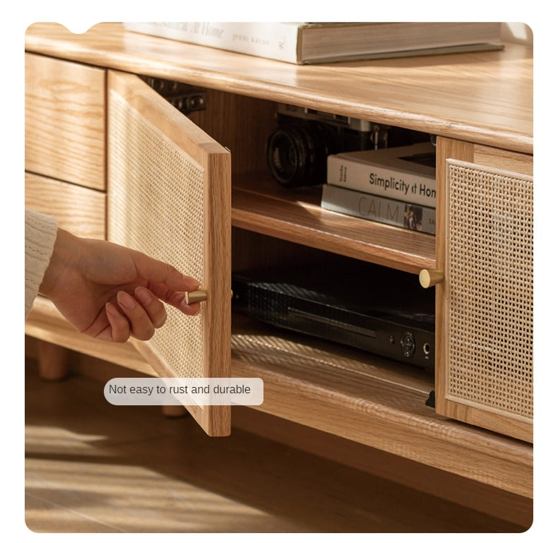 Solid Oak Wood TV Stand with Rattan Doors - Stylish Media Console for Living Room, Bedroom, or Home Theater