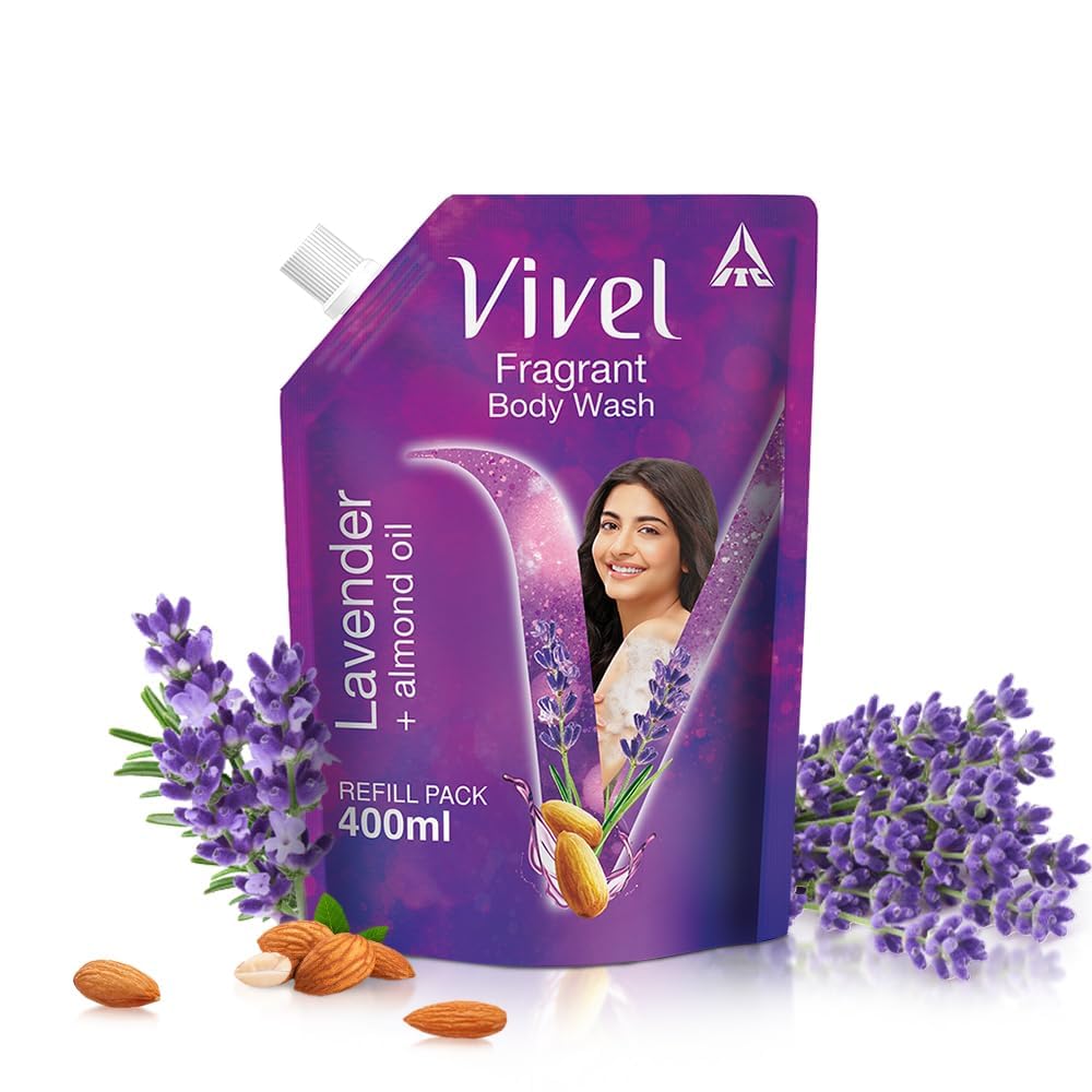 Vive'l'Fragrant Lavender & Almond Oil Shower Gel Body Wash - 400ml Moisturizing Refill Pouch for Soft, Smooth Skin | Gentle Cleansing for Women & Men | Perfect for Daily Shower & Spa Relaxation at Home