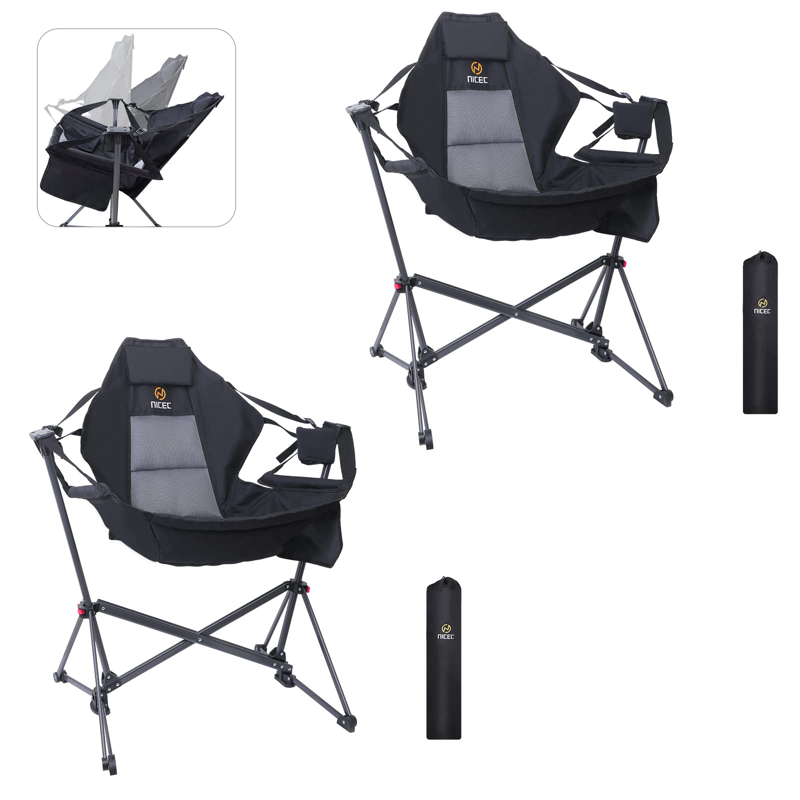 Premium 2-Pack Heavy Duty Hammock Camping Chairs with Stand - High Back Rocking Swivel Design, Cup Holder & Side Pockets - Perfect for Backyard, Beach, Patio & Outdoor Relaxation