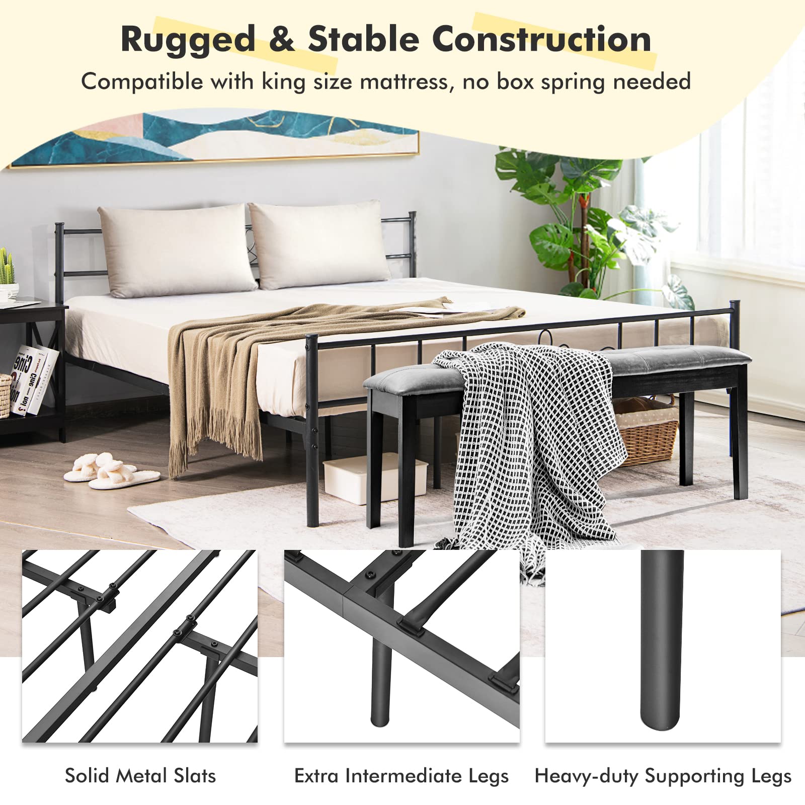 KOMFOTT King Size Metal Platform Bed Frame with Headboard & Footboard - Sturdy Reinforced Steel Slat Support, No Box Spring Required - Easy Assembly Black Bed Frame for Master Bedroom, Guest Room & Dorm