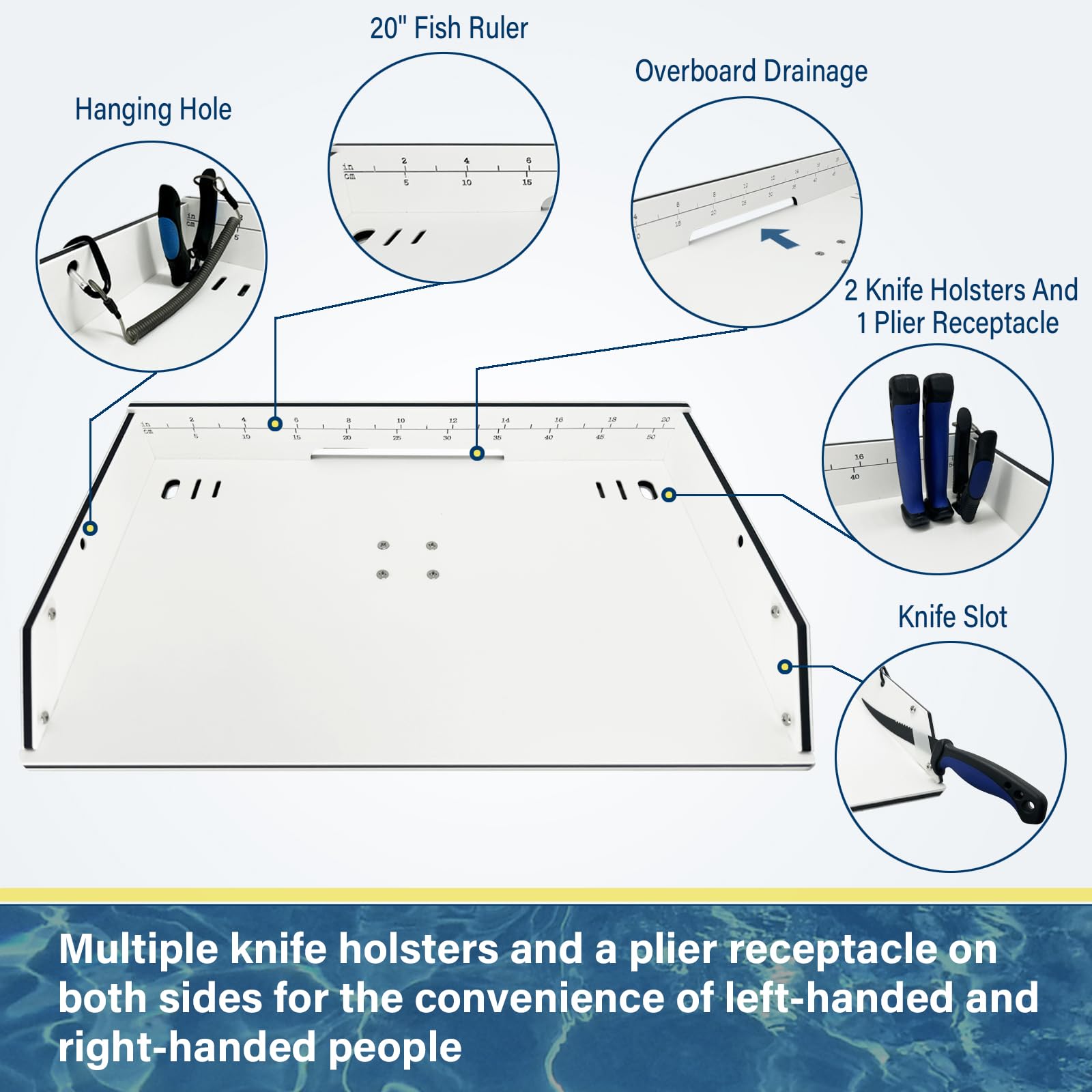 Boat Cutting Board with Fish Ruler & Rod Holder - Marine Accessories for Fishing & Grilling