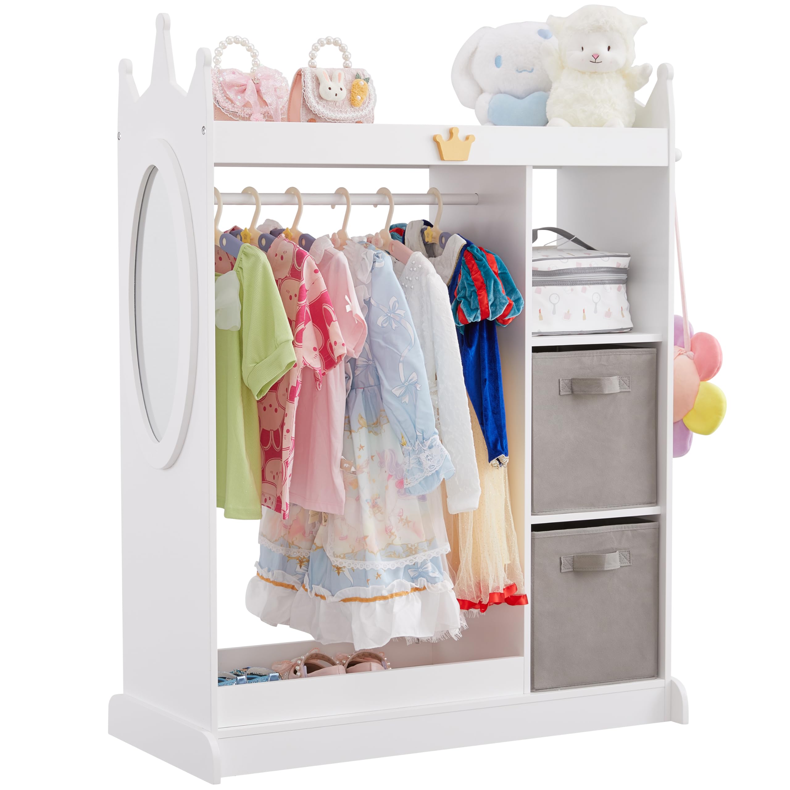 Kids Dress Up Storage Mirror with 2 Bins & Cloth Hanger - Play Armoire Dresser Pretend Closet for Bedroom - Perfect for Organizing Costumes, Toys & Accessories