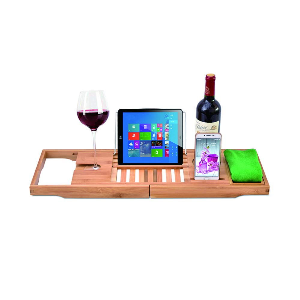 Premium Bamboo Bathtub Caddy Tray - Adjustable Bath Tray with Extendable Sides, Built-in Tablet & Phone Holder, Wine Glass Stand - Perfect for Relaxing Baths, Reading, and Spa Nights at Home