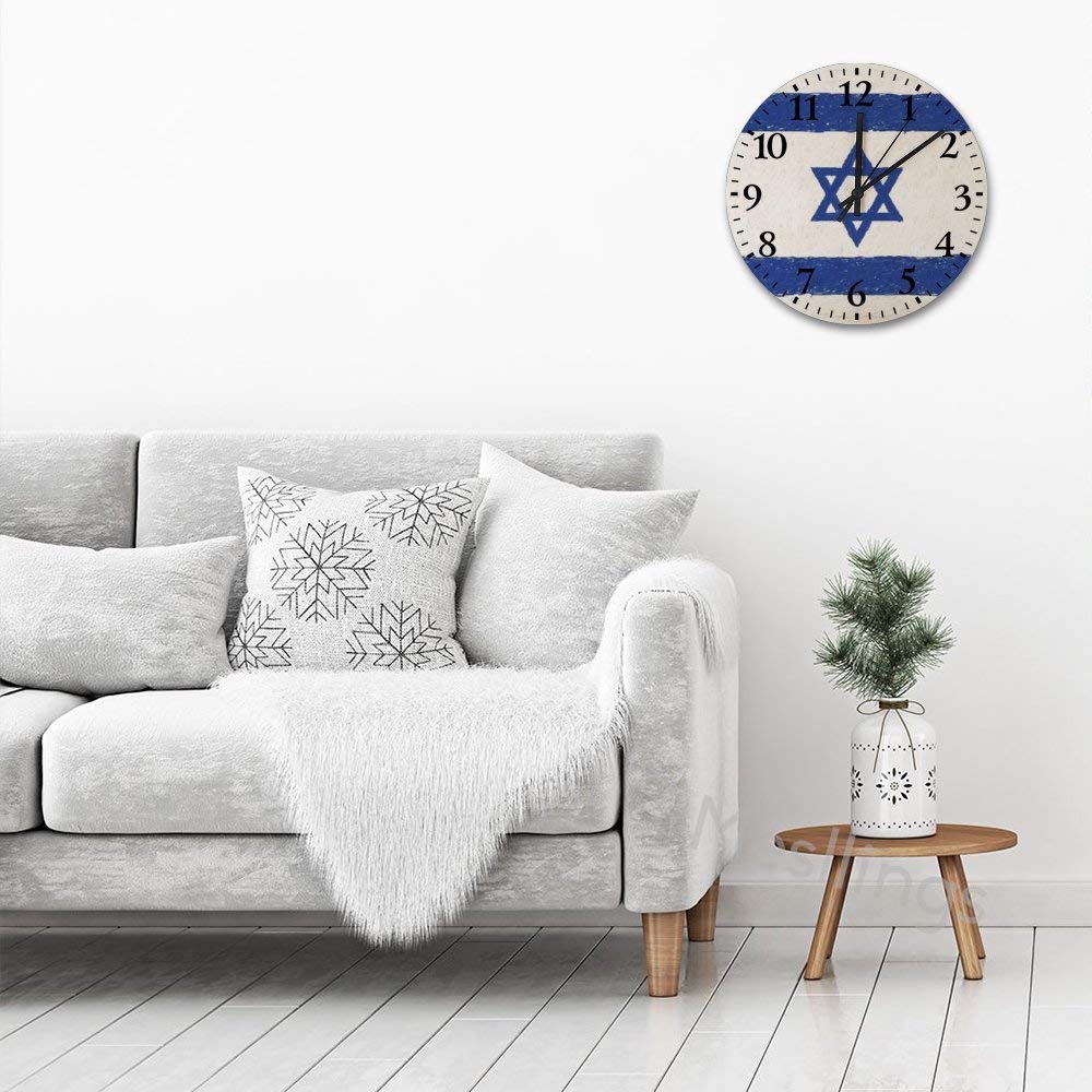 Israel Flag Round Wooden Wall Clock - Stylish Retro Hanging Clock for Kitchen, Office & Home Decor | Perfect for Living Room, Bedroom & Gifts