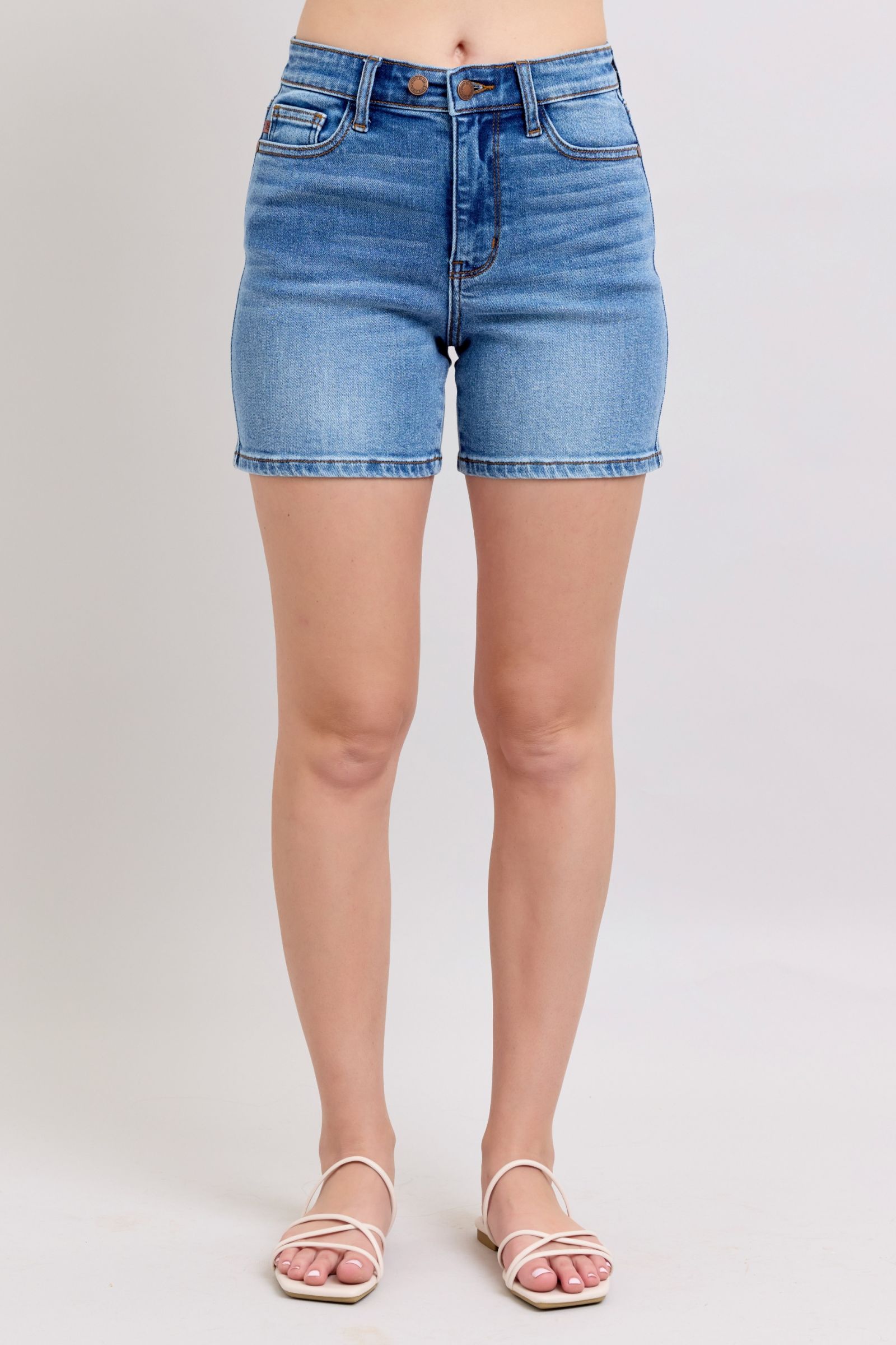 Judy Blue Women's High Waisted 2 Button Denim Shorts with Pockets - Comfortable Stretch Jeans for Summer, Casual Wear & Outfits