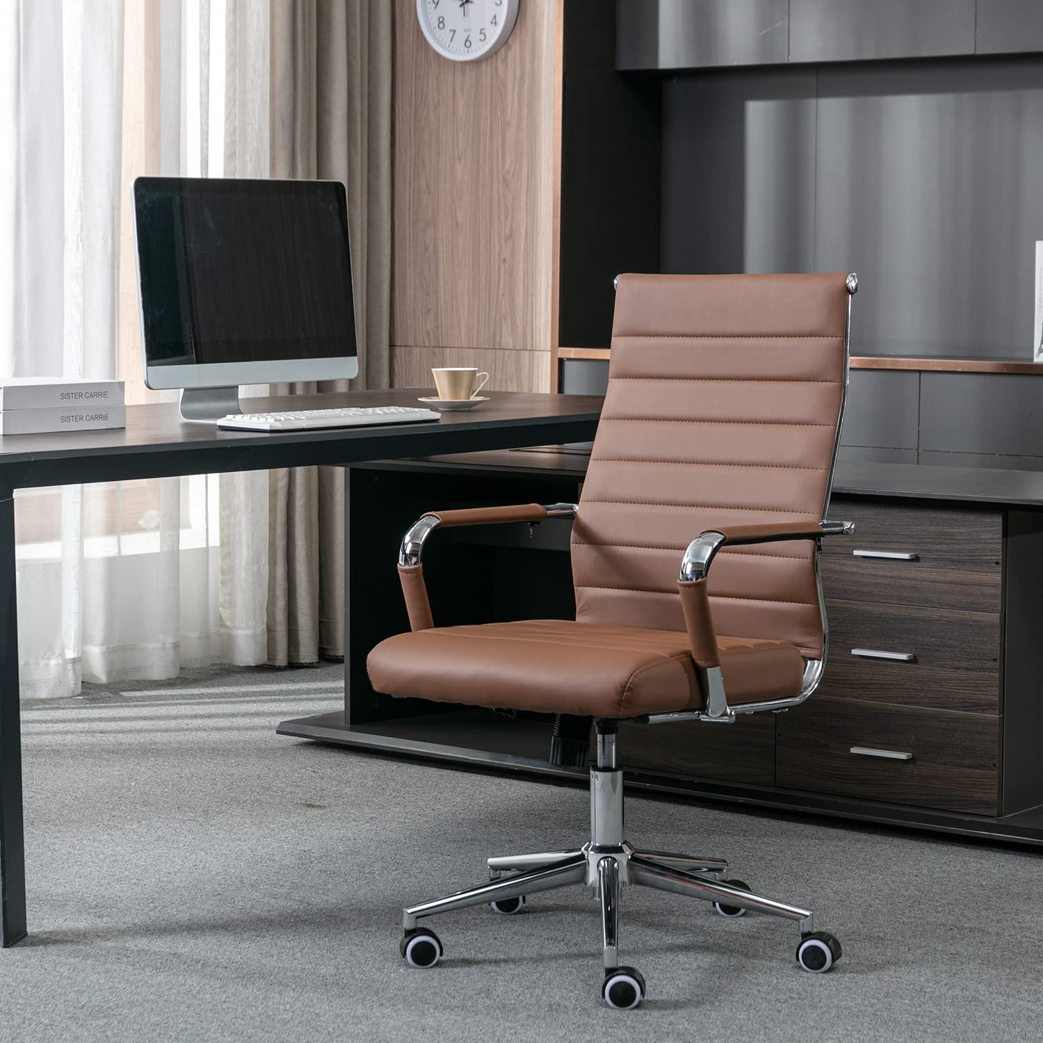 Okeysen Ergonomic Leather Office Chair - Adjustable Height Swivel Rolling Executive Desk Chair for Home & Conference Room - Modern Ribbed Design (Brown) - Perfect for Long Work Hours & Professional Meetings