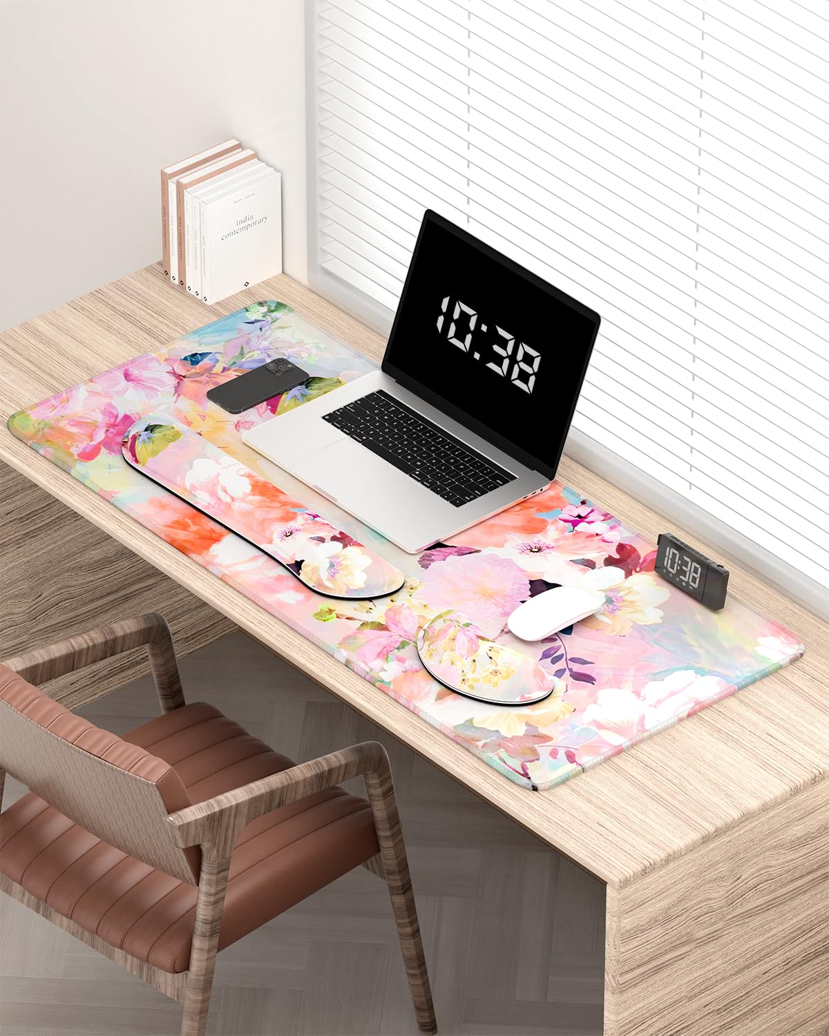 Auhoahsil Extra Large Mouse Pad with Wrist Rest - 35.5 x 15.7 Inch Ergonomic Memory Foam Desk Mat for Keyboard & Mouse, Soft Thick Gaming Mousepad with Wrist Support - Pink Floral Design for Office & Computer Workstation
