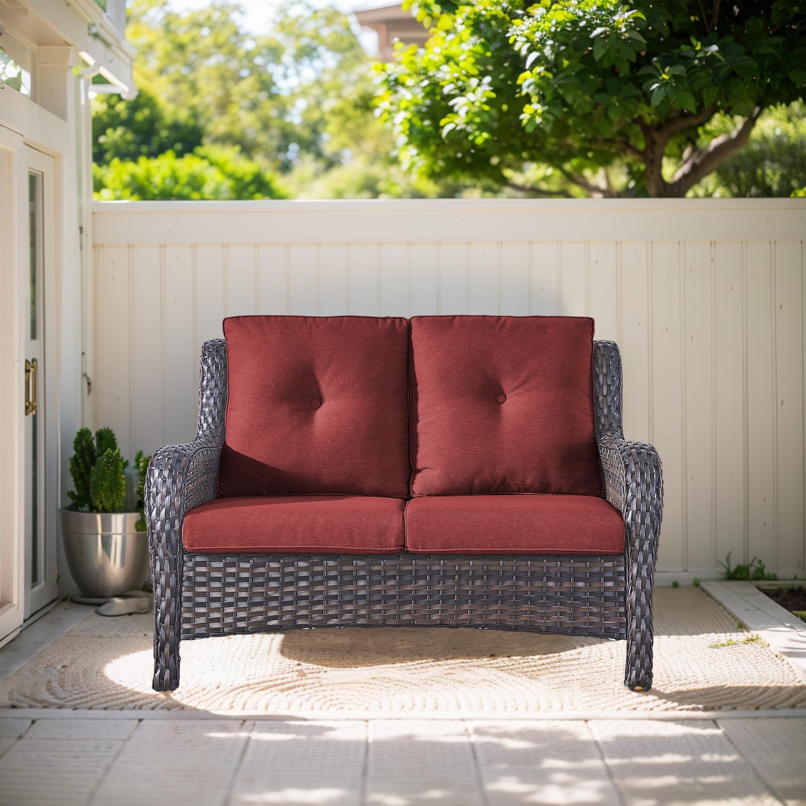 Outdoor Loveseat Sofa - 2 Seater Rattan Wicker Patio Couch with High Back, Weather-Resistant Brown/Red, Perfect for Porch, Deck, Backyard & Garden Relaxation