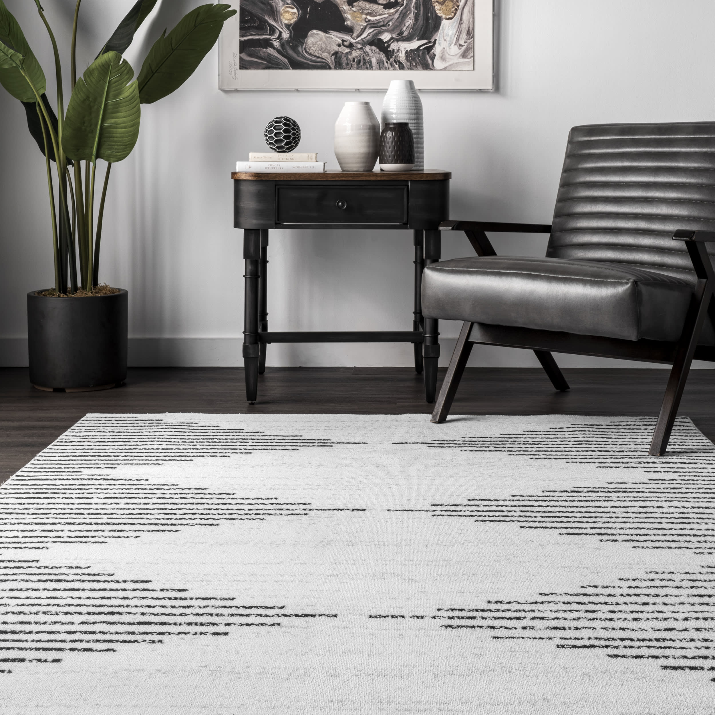 Diamond Pinstripes Washable Rug - White Non-Slip Area Rug for Living Room, Bedroom & Office | Machine Washable & Stain Resistant