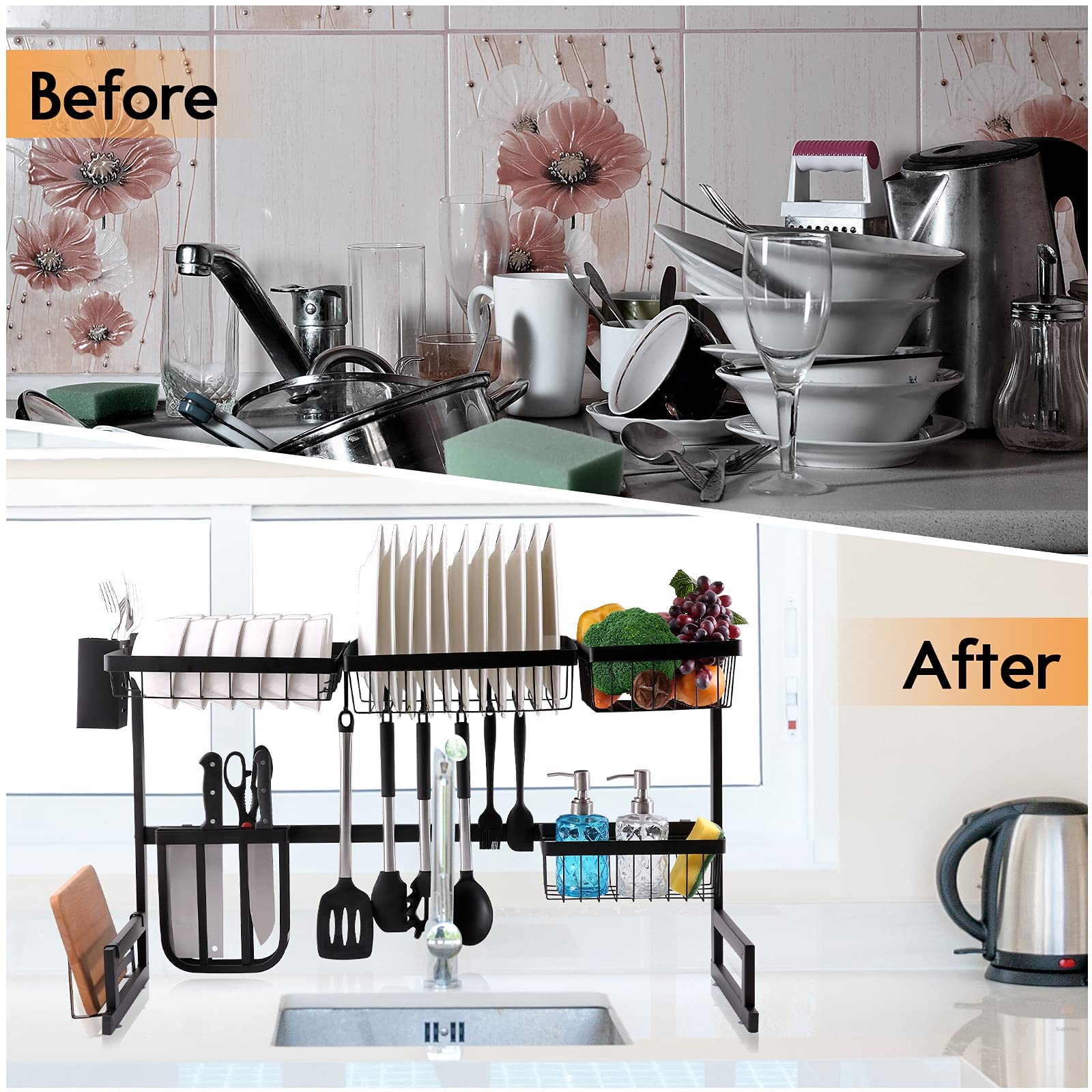 2-Tier Over The Sink Dish Drying Rack with 5 Utility Hooks - Large Kitchen Organization Storage Shelf & Utensil Holder for Countertops (Fits Sinks ≤32.5