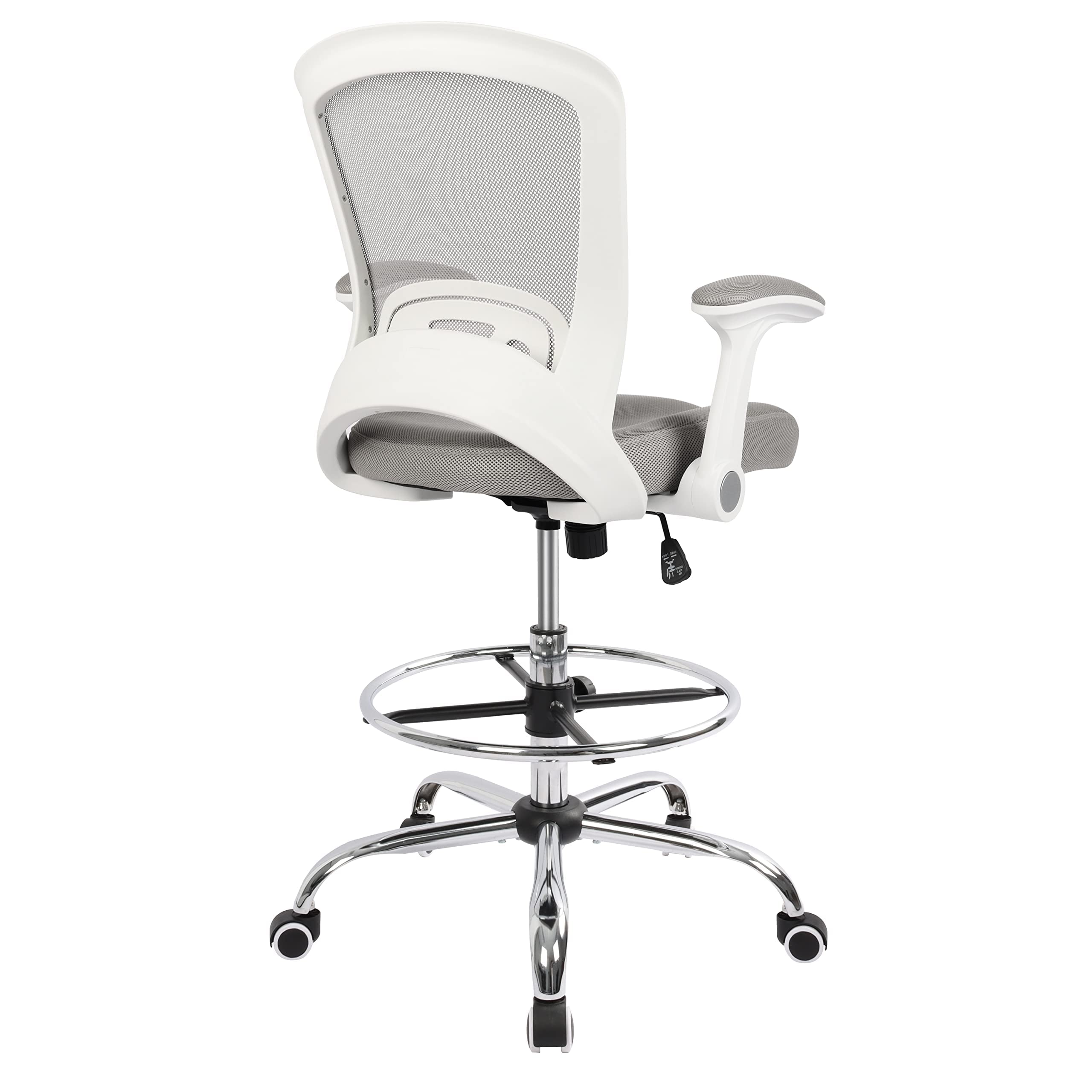 Ergonomic Adjustable Drafting Chair for Standing Desks - Tall Office Stool with Flip-Up Arms & Foot Ring - Grey - Perfect for Home Office, Gaming, and Counter Height Workspaces