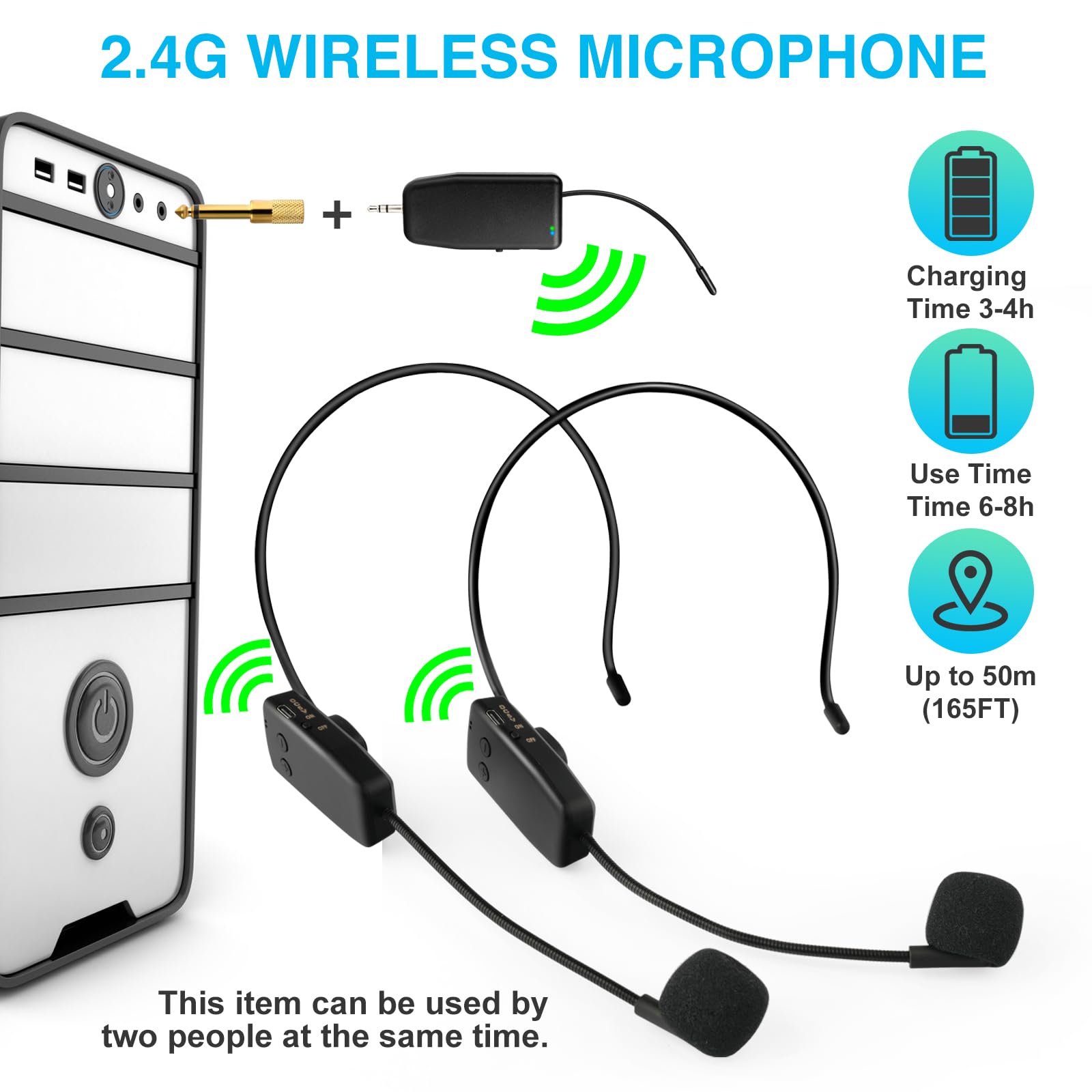 2.4G Dual Wireless Microphone System for 2 People - 160ft Range Karaoke Headset Mics for Speakers, Amplifiers & PA Systems - Perfect for Home Karaoke, Yoga Classes, Fitness Training & Teaching Sessions