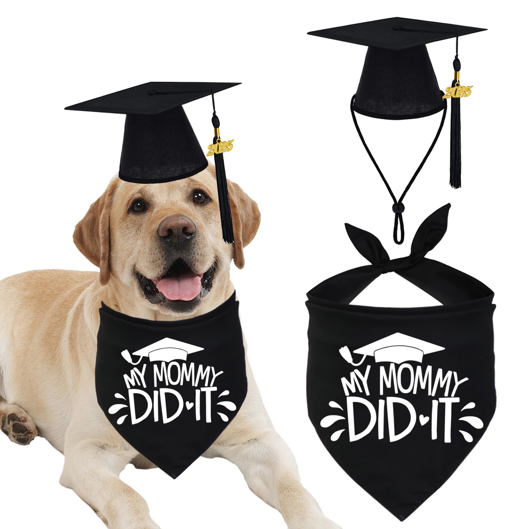 2025 Graduation Dog Bandana with Black Tassel - Adjustable Pet Graduation Outfit for Small, Medium & Large Dogs - Perfect for Graduation Ceremonies, Photo Shoots & Celebration Parties (Black, Cap & 