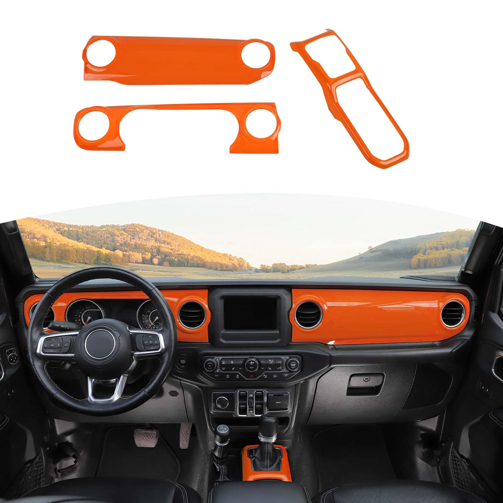 RT-TCZ Orange Dash Trim Cover & Gear Shift Panel Frame for Jeep Wrangler JL/JLU/Gladiator JT (2018-2023) - 3pc Interior Accessories Kit - Upgrade Your Ride's Style for Off-Road Adventures & Daily Commutes