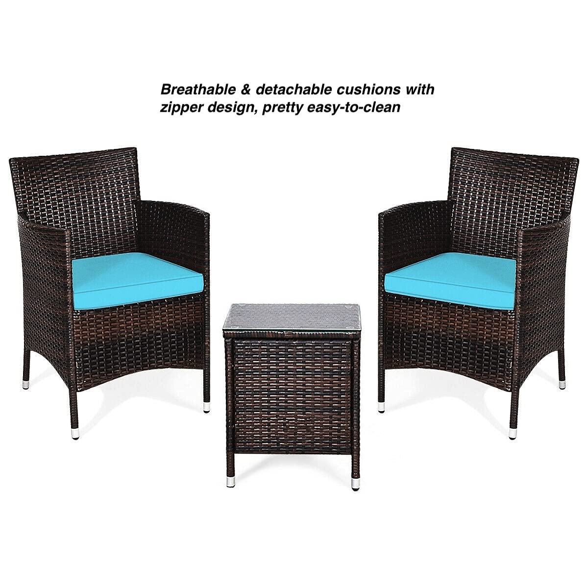 3-Piece Outdoor Patio Furniture Set with 2 Rattan Chairs & 1 Tempered Glass Coffee Table - Blue Soft Cushions for Backyard, Deck, Balcony, Poolside - Perfect for Relaxing, Entertaining & Outdoor Living Spaces
