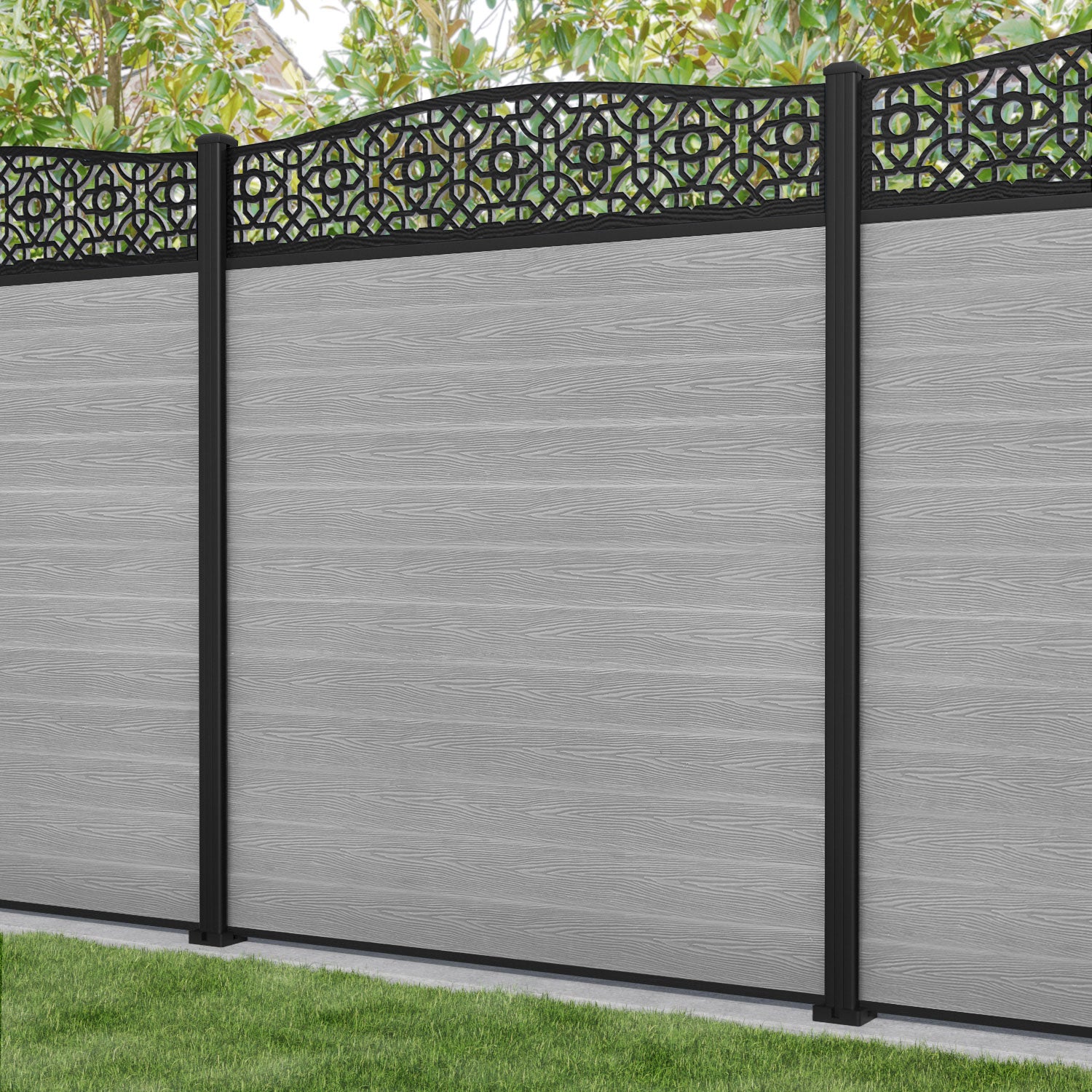 Classic Nabila Curved Top Fence Panel - Light Grey Aluminum Privacy Fence with Sturdy Posts | Perfect for Backyard, Garden, and Pool Area Security