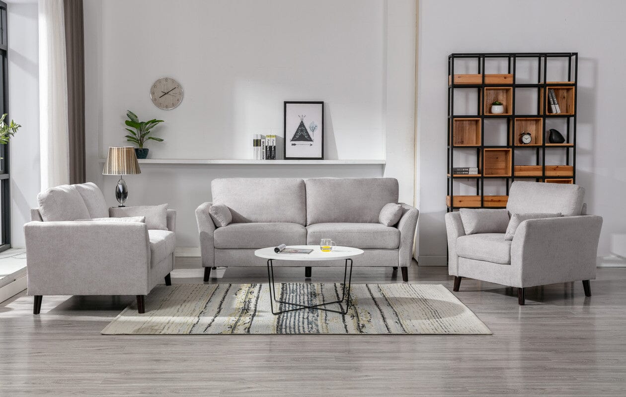 Damian Light Gray Woven Fabric Sofa Loveseat Chair - Modern Living Room Furniture Set for Small Spaces, Apartments & Cozy Homes