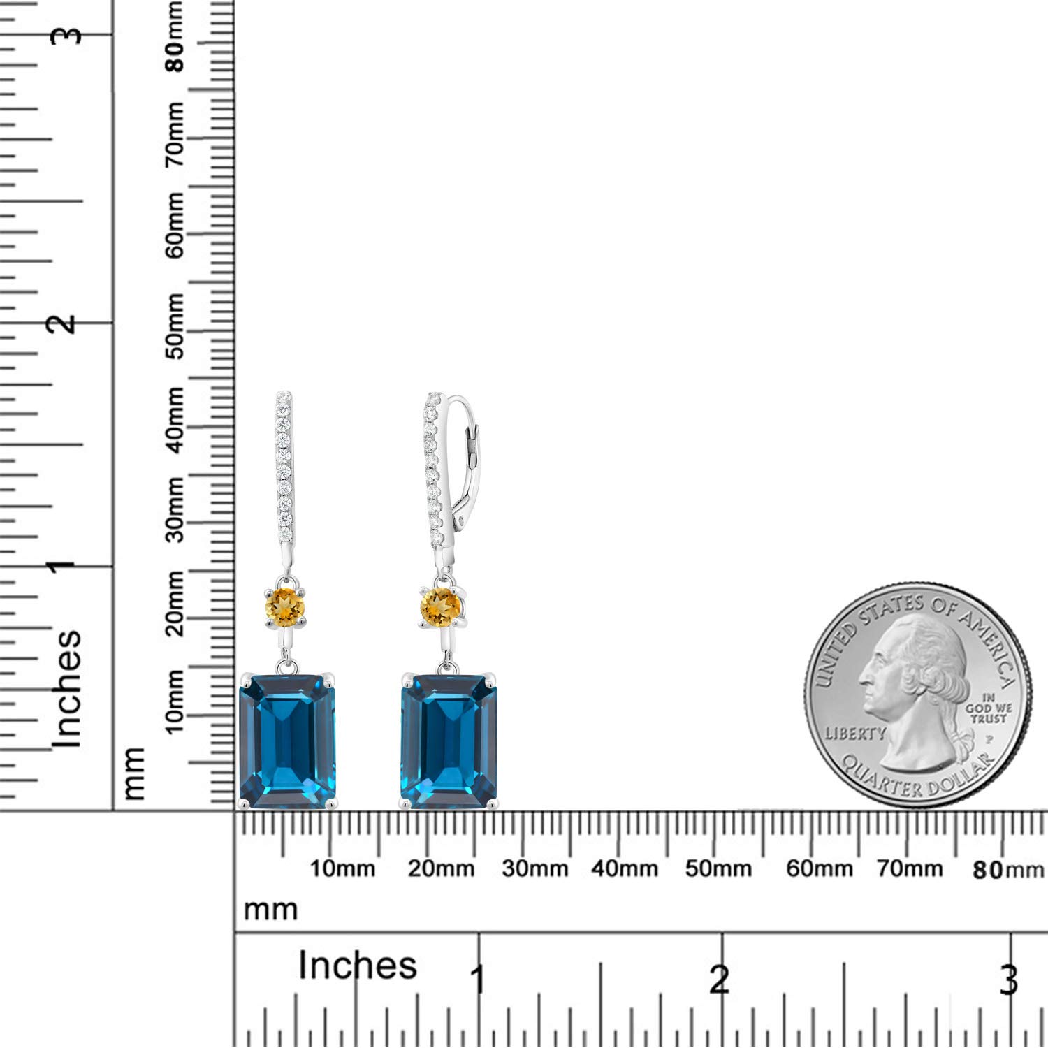 19.81 Ct Emerald Cut London Blue Topaz & Yellow Citrine 925 Sterling Silver Dangle Earrings for Women | Gem Stone King | Elegant Jewelry Gift for Birthday, Anniversary & Special Occasions