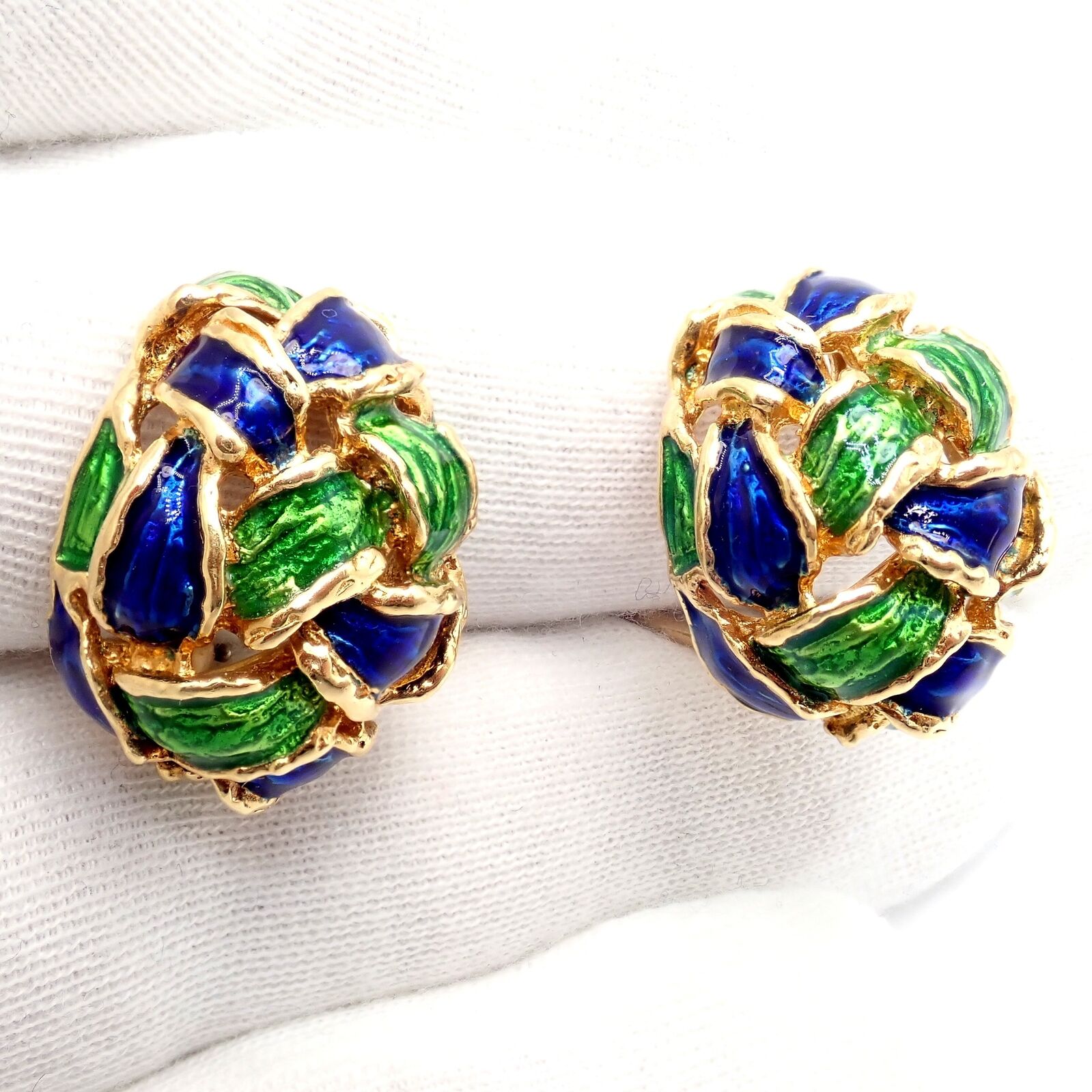 Vintage Tiffany & Co Green Blue Enamel 18k Yellow Gold Basket Weave Earrings - Luxury Jewelry for Women, Perfect for Weddings, Parties & Special Occasions