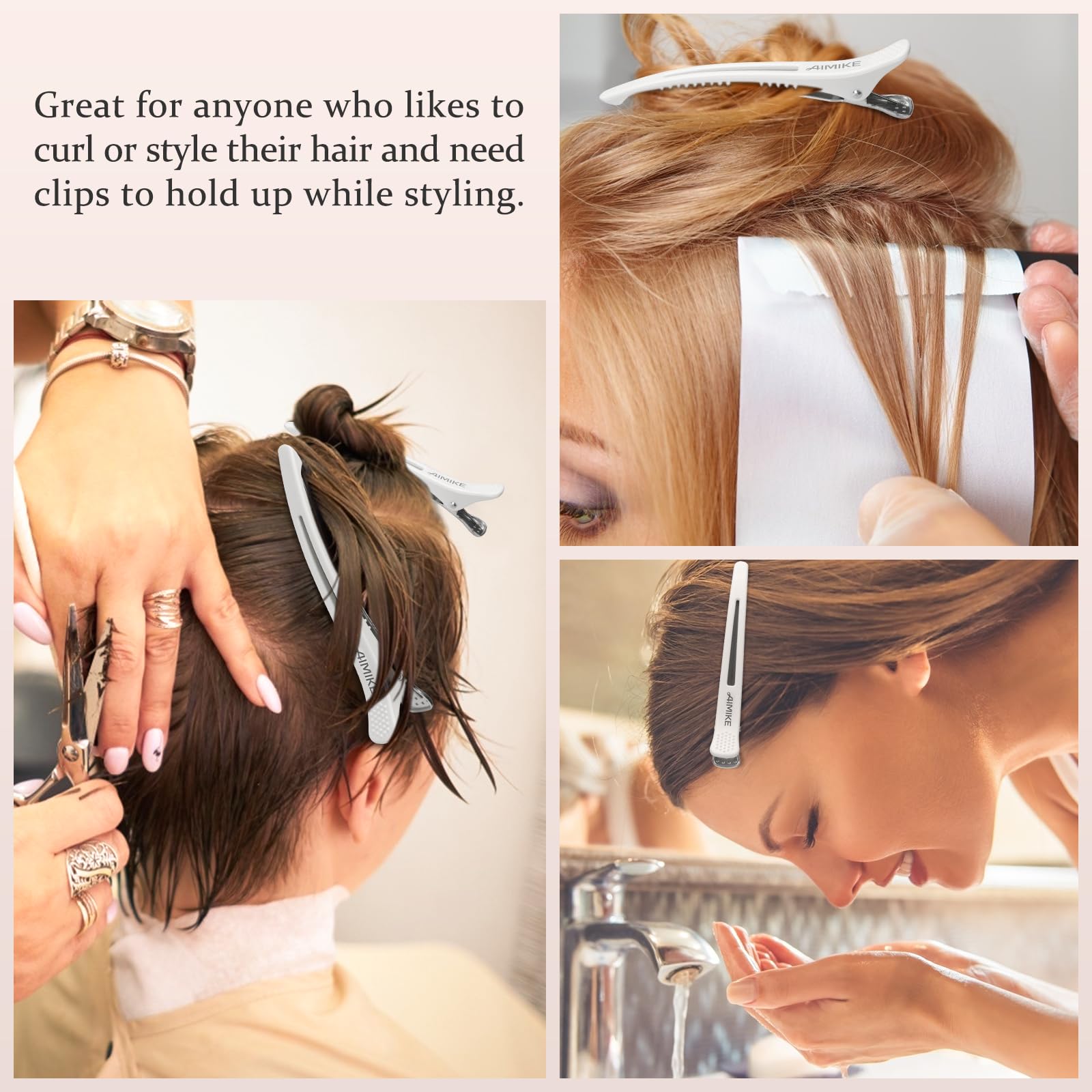 AIMIKE 6pcs Professional Hair Clips for Styling & Sectioning - Non-Slip No-Trace Duckbill Hair Clips with Silicone Band for Salon & Home Use - Great for Hairdressers, Women & Men (White, 4.3