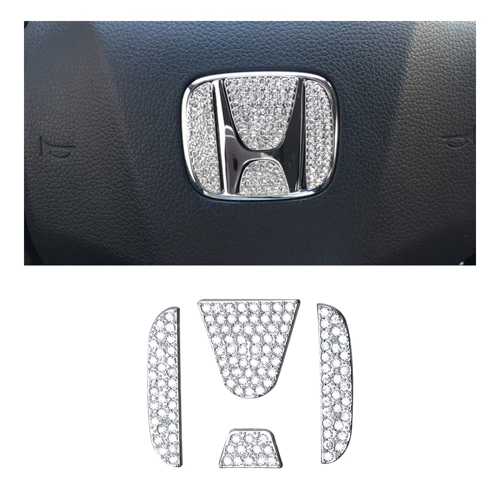 PIFOOG Bling Crystal Car Steering Wheel Emblem Cover - Silver 4PCS Logo Cap for Honda Accord Civic CR-V XR-V HR-V - Premium Steering Wheel Decoration Accessory for Luxury Car Interior Upgrade