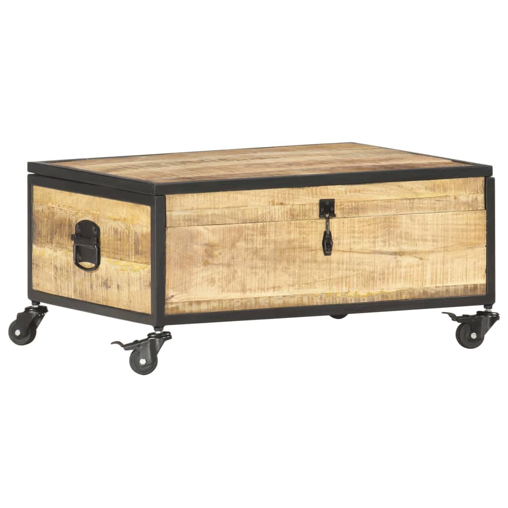 Solid Mango Wood Coffee Table with Wheels - Rectangular Brown Rustic Living Room Furniture - Large Storage Space, Easy Assembly & Durable Design for Home, Office or Outdoor Use