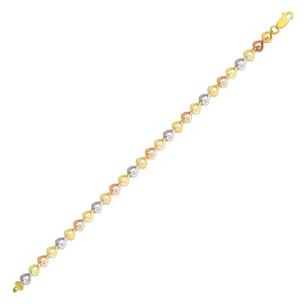 14K Tricolor Gold Heart Bracelet with Diamond Cut - Elegant Women's Fashion Jewelry Gift - 7 Inches - Perfect for Valentine's Day, Anniversary & Special Occasions