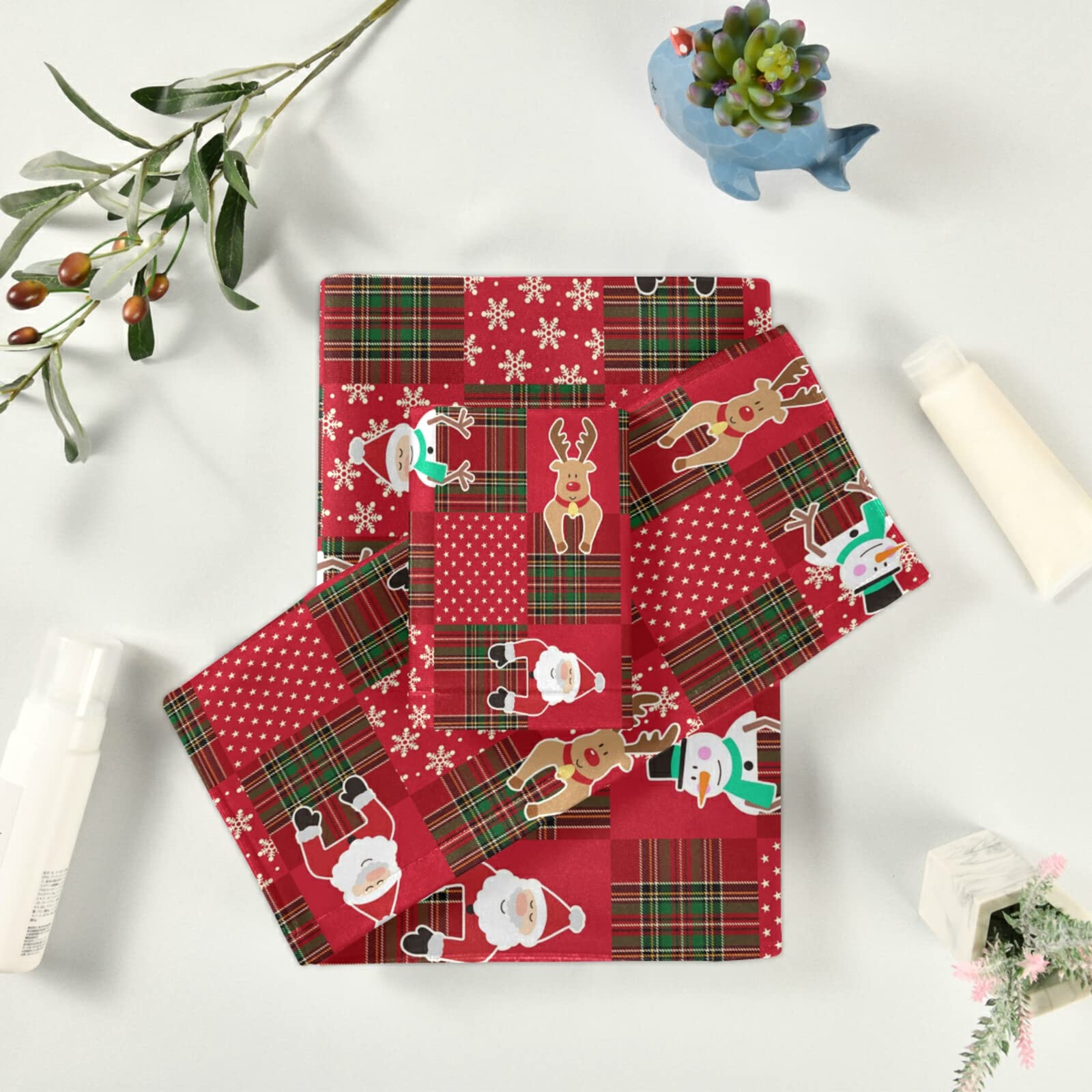 **Deer Santa Red Plaid Christmas Towel Set - 3-Piece Holiday Bath & Hand Towels with Snowflakes, Reindeer & Snowman - Soft, Thin & Durable for Home, Bathroom, Hotel, Gym, Swim & Spa Decor - Perfect for Holiday Parties, Gifts & Festive Decorations**