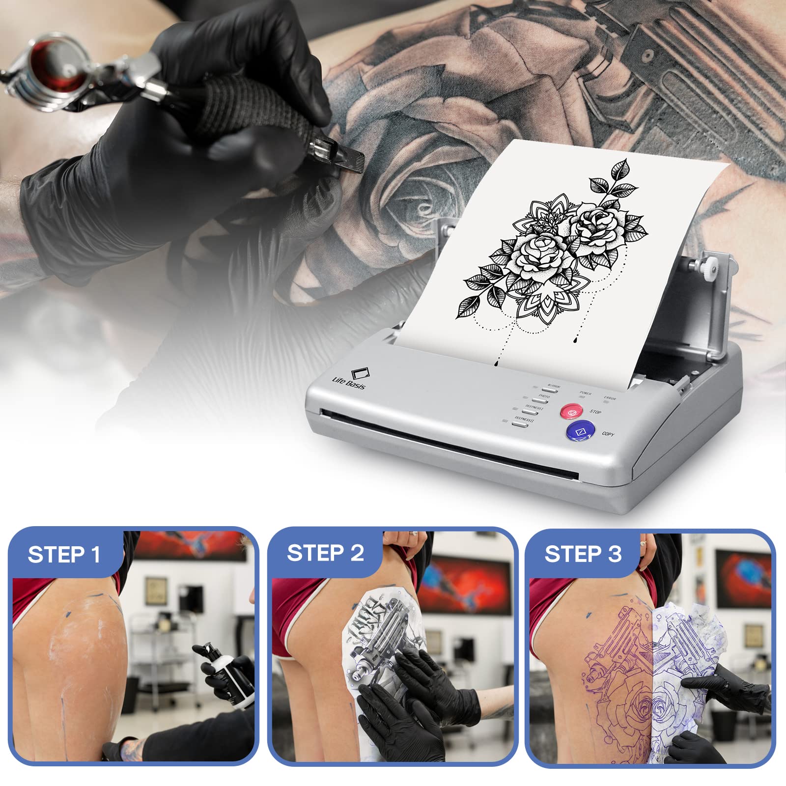 Professional Thermal Tattoo Stencil Printer Machine Kit - LifeBasis Tattoo Transfer Stencil Maker with 20 Sheets Transfer Paper for Tattoo Artists & Beginners - Perfect for Home Studios & Professional Tattoo Shops