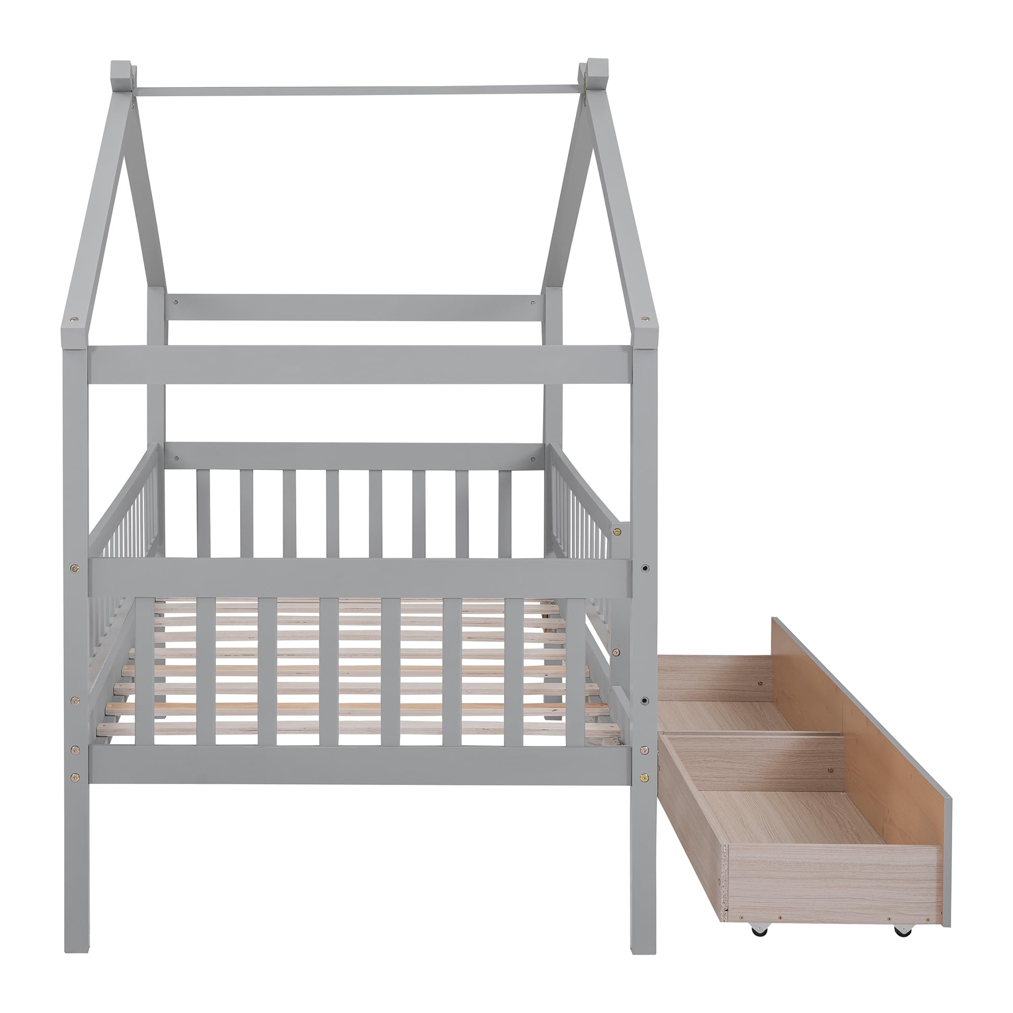 Merax Twin Size Wooden House Bed Frame with Roof & Safety Guardrail - 2 Storage Drawers for Kids, Teens, Boys & Girls - Gray - Perfect for Bedrooms, Playrooms & Kids' Room Decor