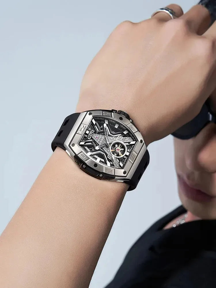 BONEST GATTI Men's Automatic Mechanical Watch - 5ATM Waterproof Sapphire Crystal Tonneau Case with Luminous Eiffel Tower Dial & Fluororubber Strap - Perfect for Business, Formal Events and Everyday Wear