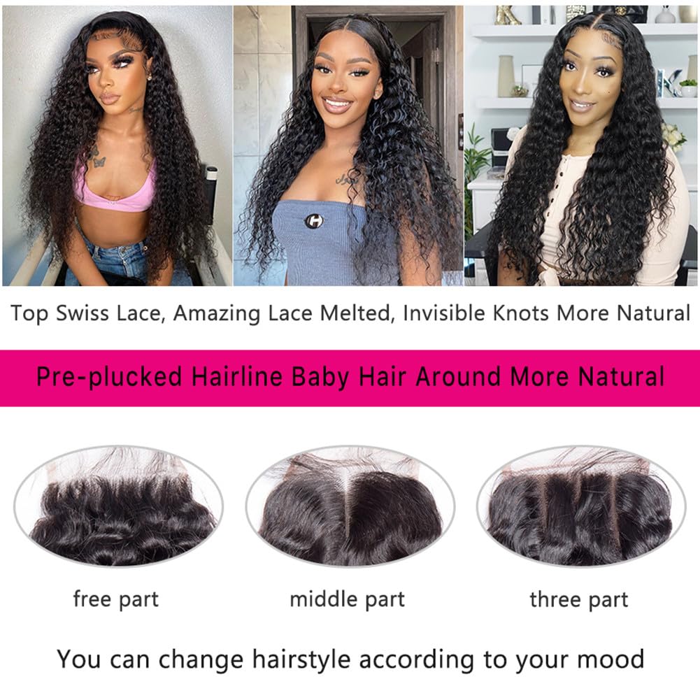 100% Brazilian Virgin Human Hair Bundles with Lace Closure - 3 Bundles Deep Curly/Deep Wave Weave (16 18 20+14 Inch, Free Part) - Natural Color for Black Women | Perfect for Protective Styles, Wig Making & Everyday Wear