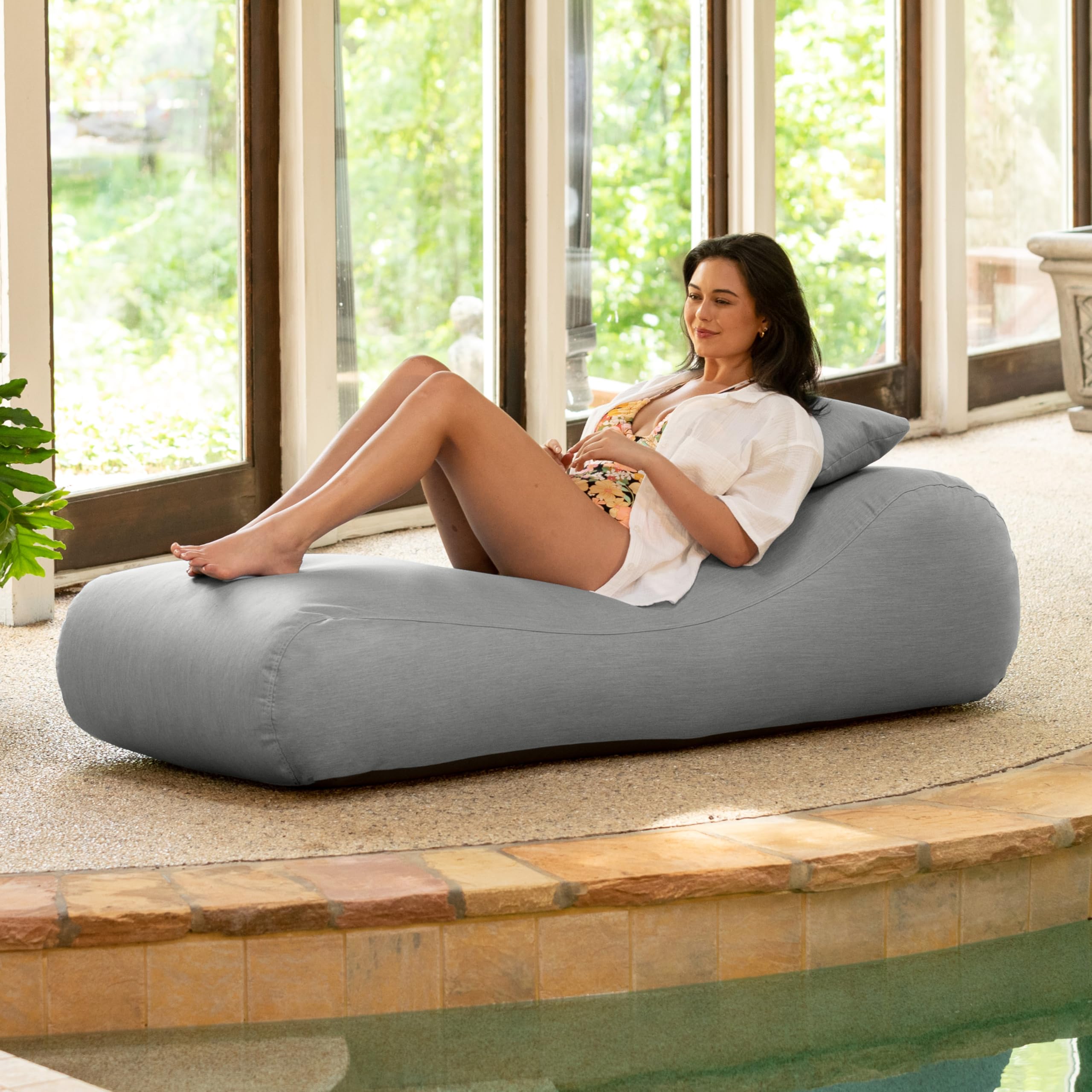 Jaxx Arlo Outdoor Bean Bag Sun Lounger - Waterproof Pool Patio Chaise Recliner with Removable Cover, Granite - Perfect for Backyard, Beach, and Poolside Relaxation