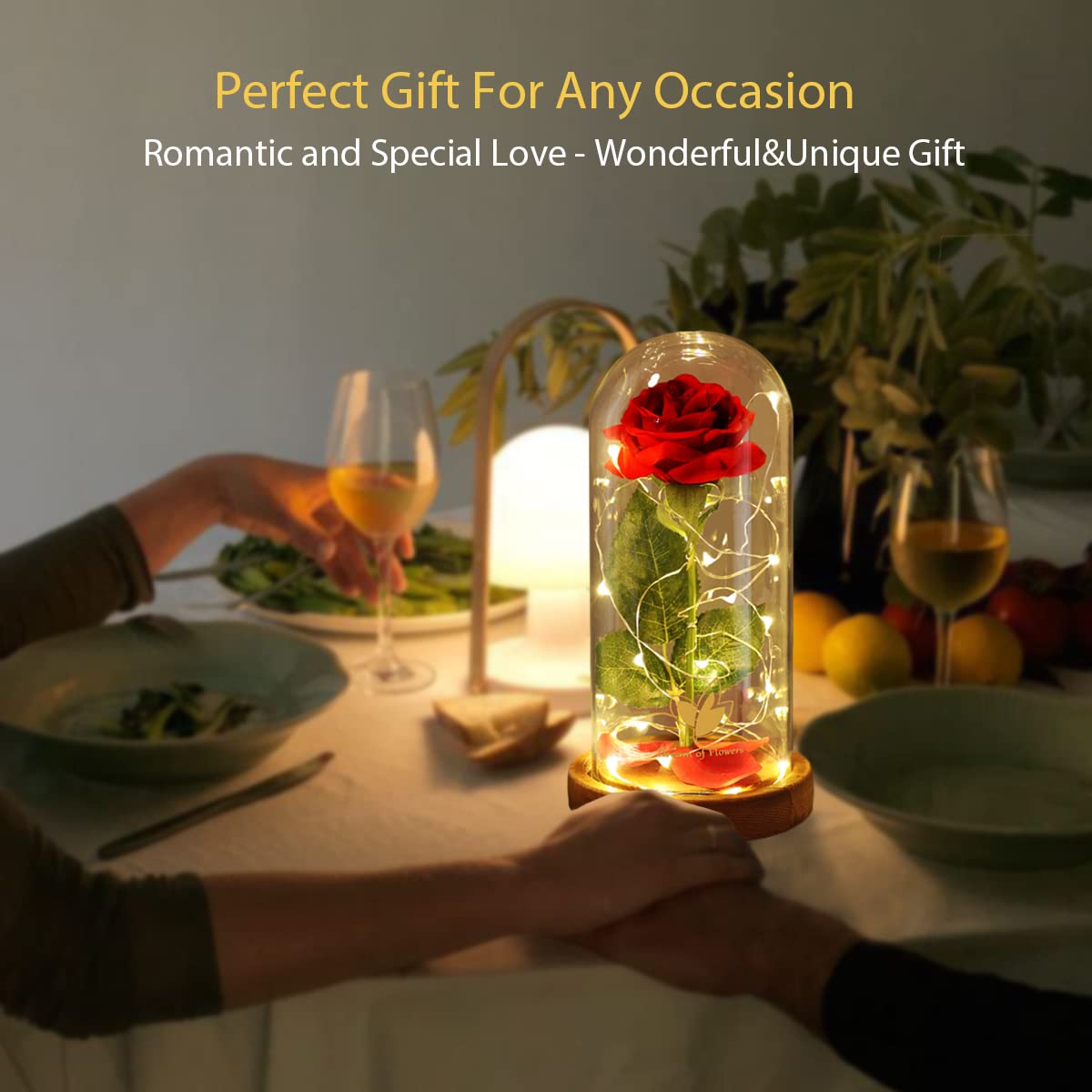 Beauty and The Beast Rose in Glass Dome with LED Lights - Romantic Valentine's Day Gift for Her, Wife, Girlfriend | Anniversary, Birthday Present for Women | Perfect for Home Decor, Wedding Centerpiece, and Special Occasions