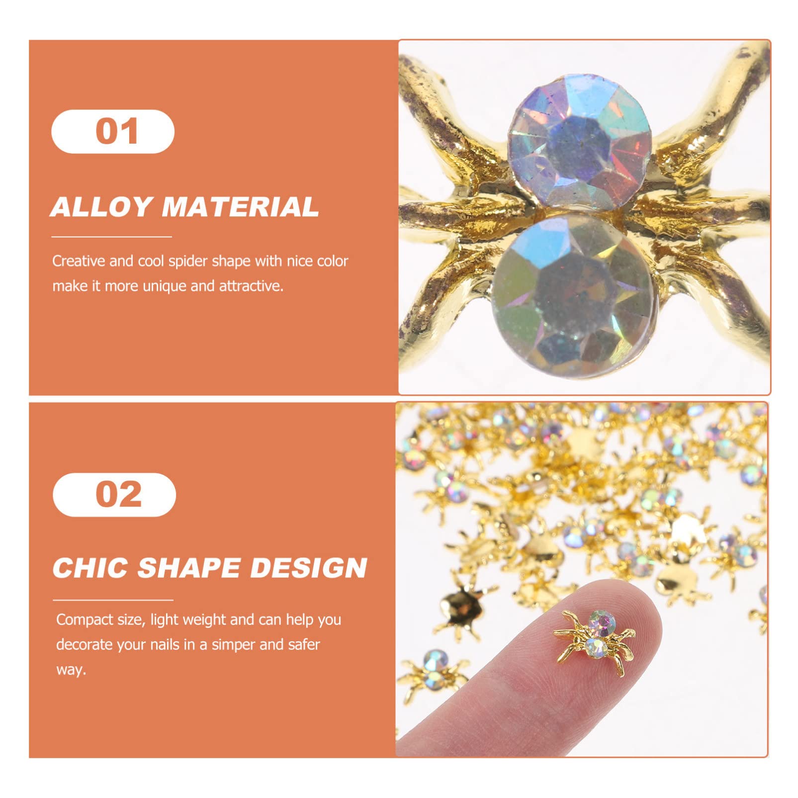 SHERCHPRY 100Pcs 3D Spider Nail Charms - Golden Nail Art Rhinestones for Halloween, Gothic Manicure Decorations, Women's Nail Accessories for Party, Cosplay & Special Occasions