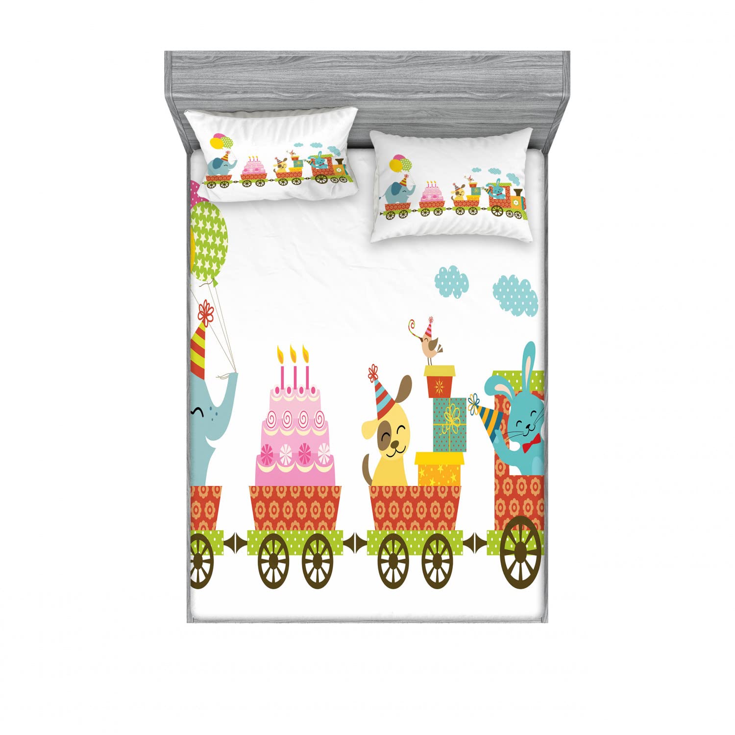 Ambesonne 2-Piece Birthday Party Bedding Set - Queen Size Fitted Sheet & 2 Pillow Shams - Fun Birthday Cake Animal Print - Vibrant Multicolor Bedroom Decor - Perfect for Kids' Rooms, Sleepovers & Themed Parties
