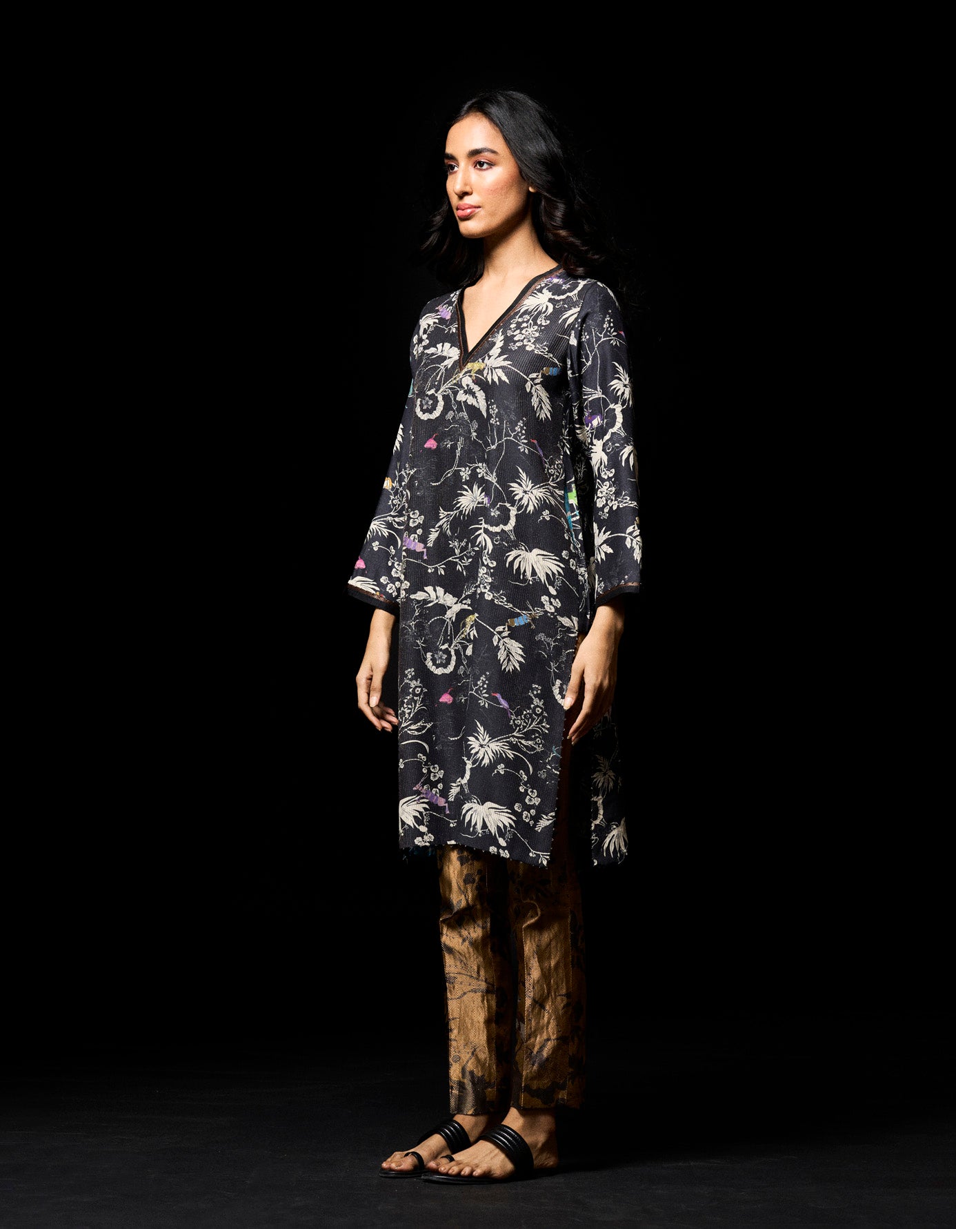 Elegant Black Muga Satin V Neck Kurta for Women | Traditional Indian Ethnic Wear | Perfect for Festivals, Weddings & Special Occasions