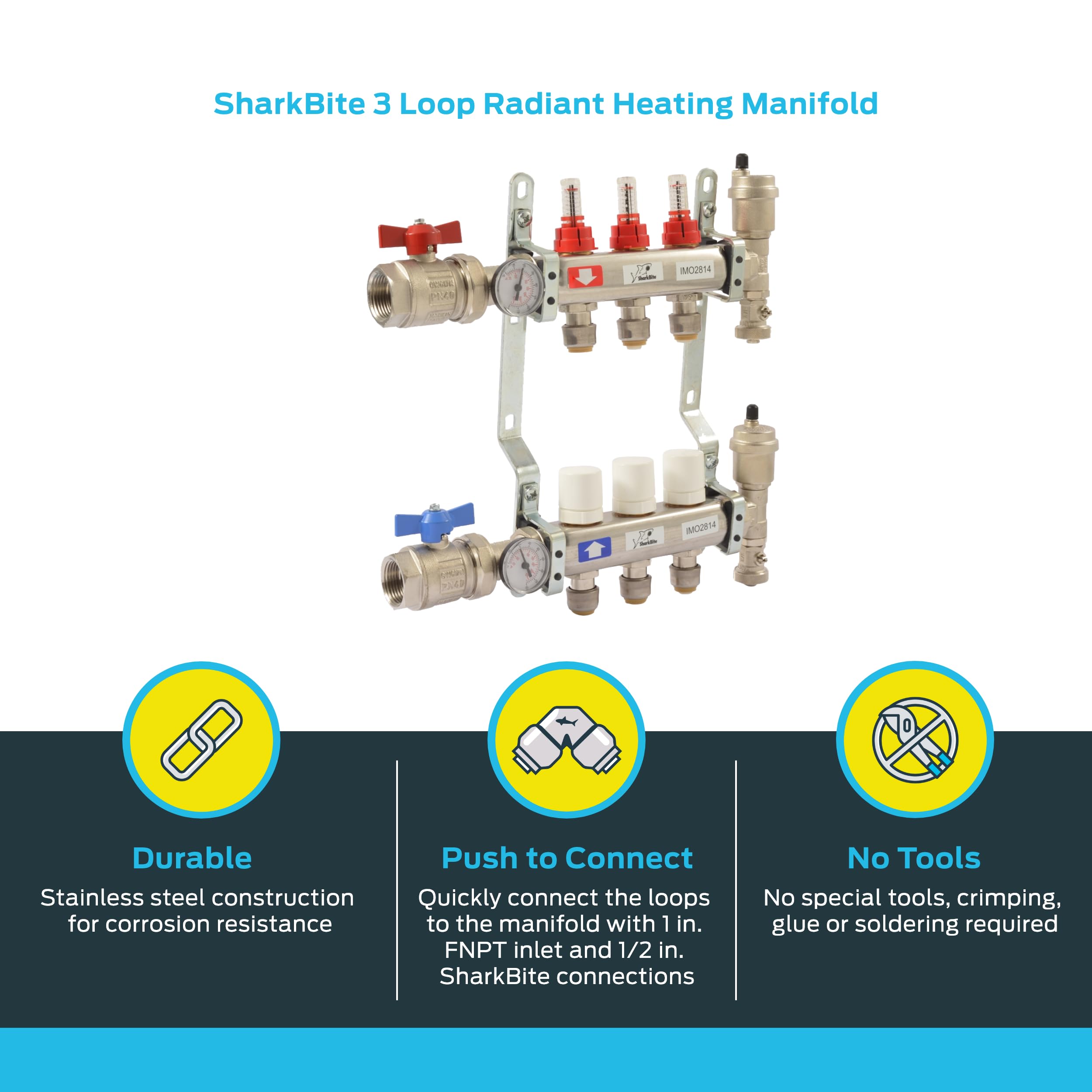 SharkBite 3 Loop Radiant Heating Manifold - Push to Connect Brass Plumbing Fitting for PEX Pipe & PE-RT (Model 24930) - Perfect for Hydronic Heating Systems & Underfloor Heating Installations