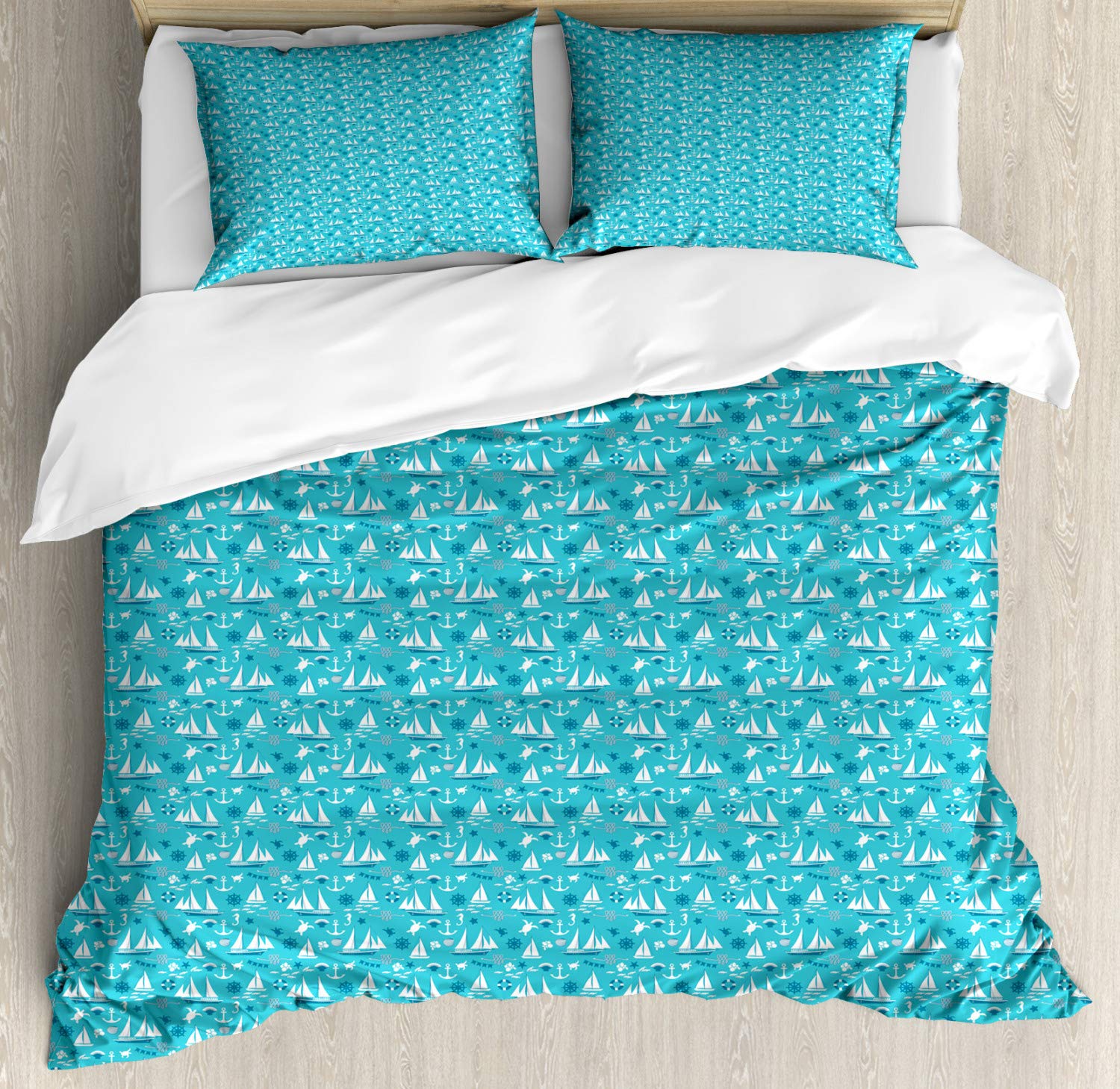 Ambesonne Sailboat Duvet Cover Set King Size 2-Pack - Underwater Ocean Theme with Turtles, Seahorses, Shells & Boats - Petrol Blue Turquoise Bedding Includes 2 Duvet Covers & 4 Pillowcases - Perfect for Nautical Themed Bedrooms, Beach House Decor or Kids' Room
